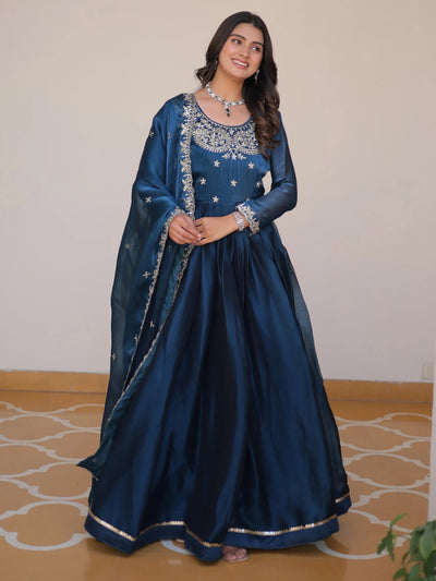 Blue Glamorous Embroidered Silk Wedding Wear Gown With Dupatta for Women