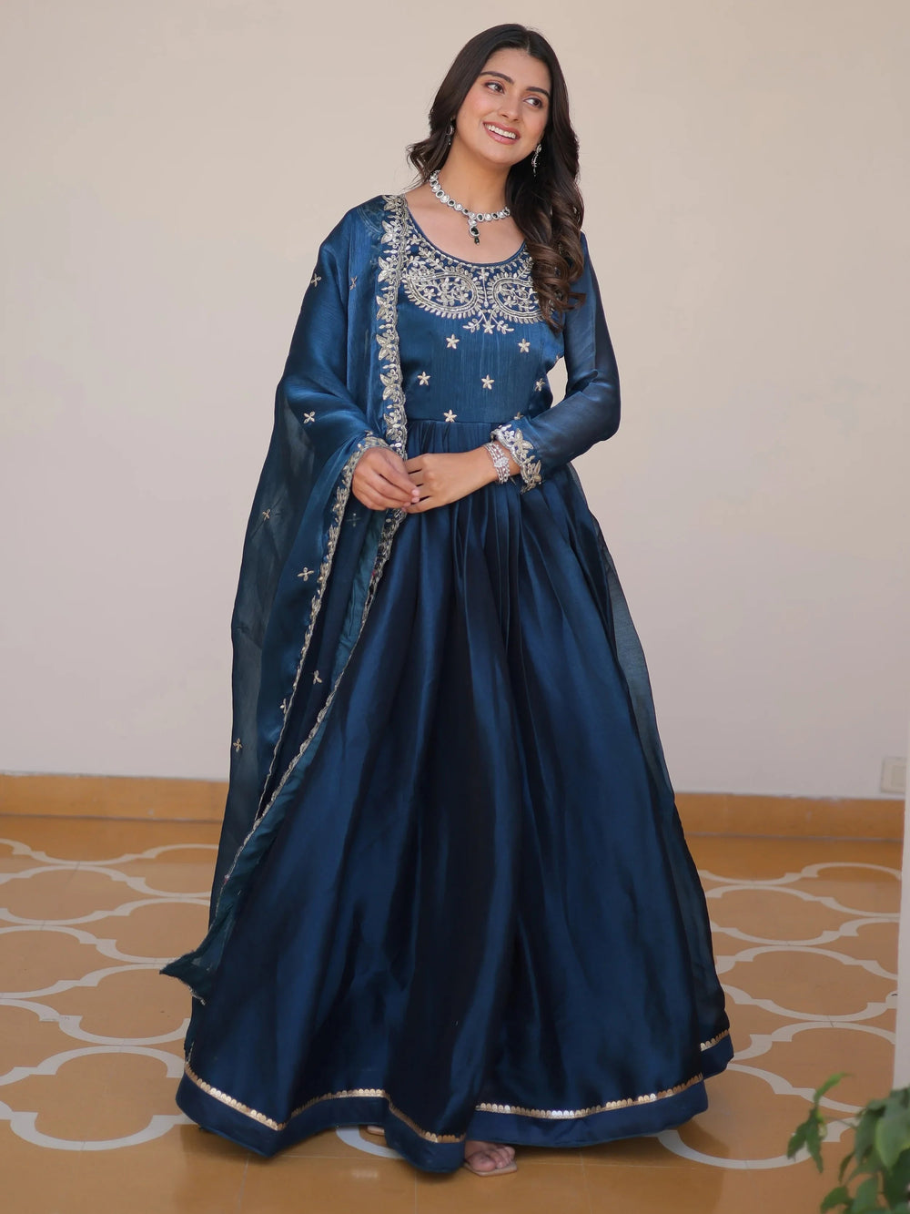 Blue Glamorous Embroidered Silk Wedding Wear Gown With Dupatta for Women