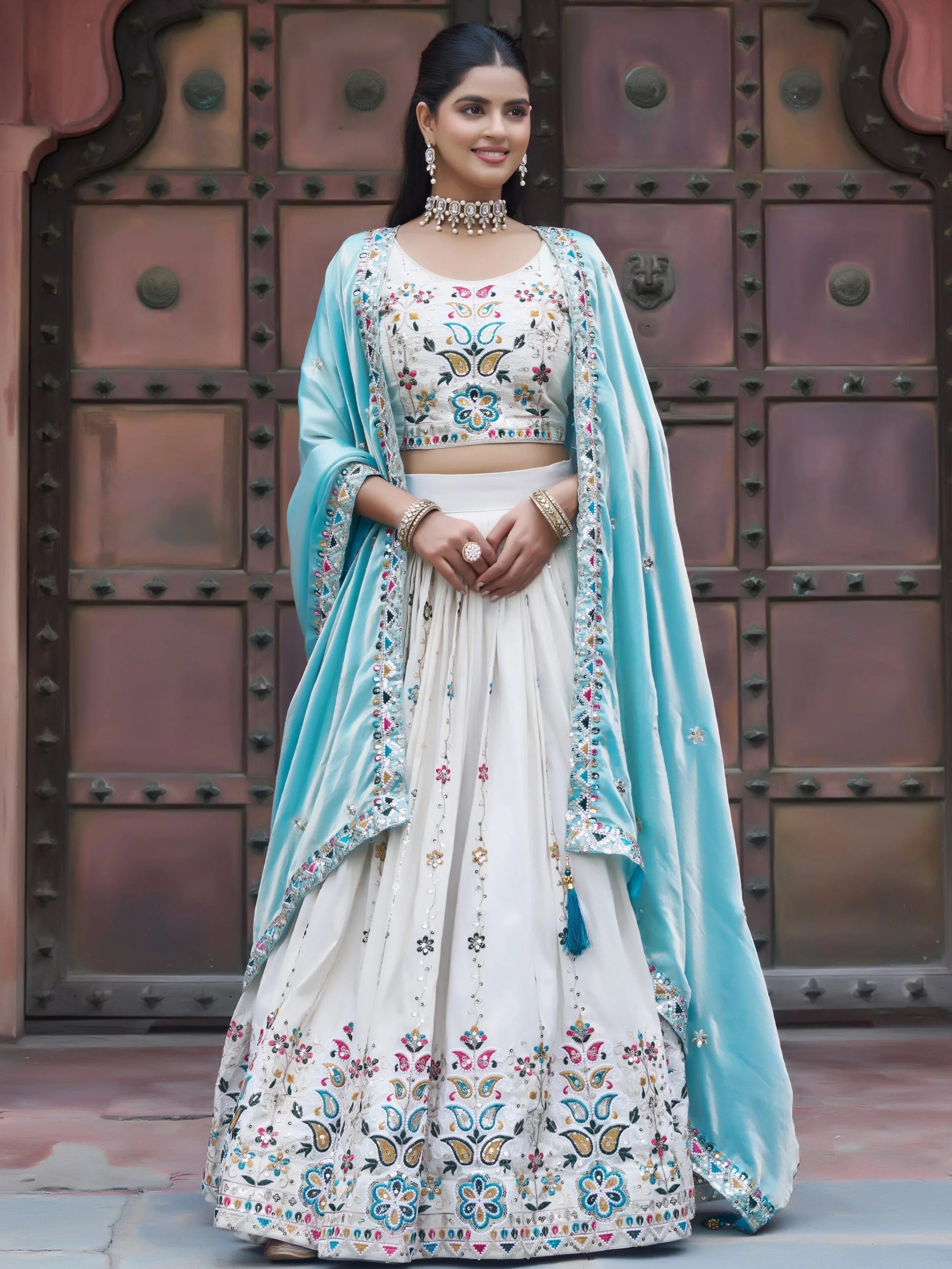 Mesmerising Off-White Sequnis Silk Lehenga Choli With Blue Dupatta for Women