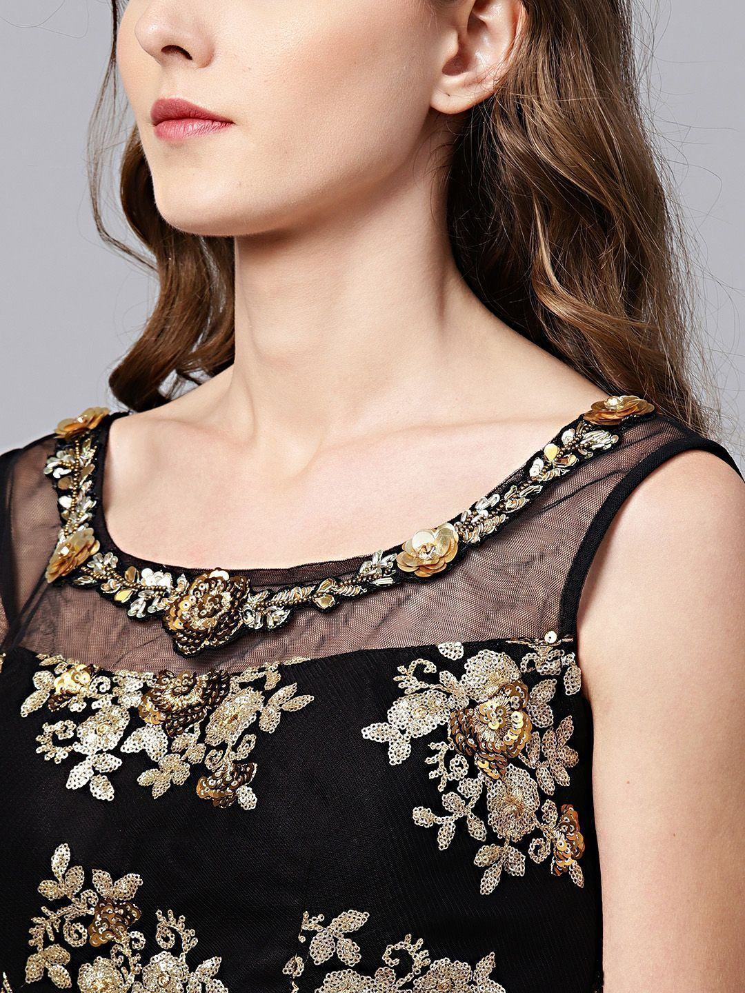 Black Floral Golden Sequins Work Net Fabric Party Lehenga Choli