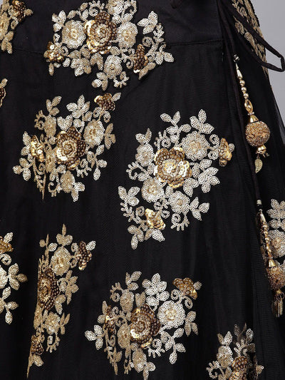 Black Floral Golden Sequins Work Net Fabric Party Lehenga Choli