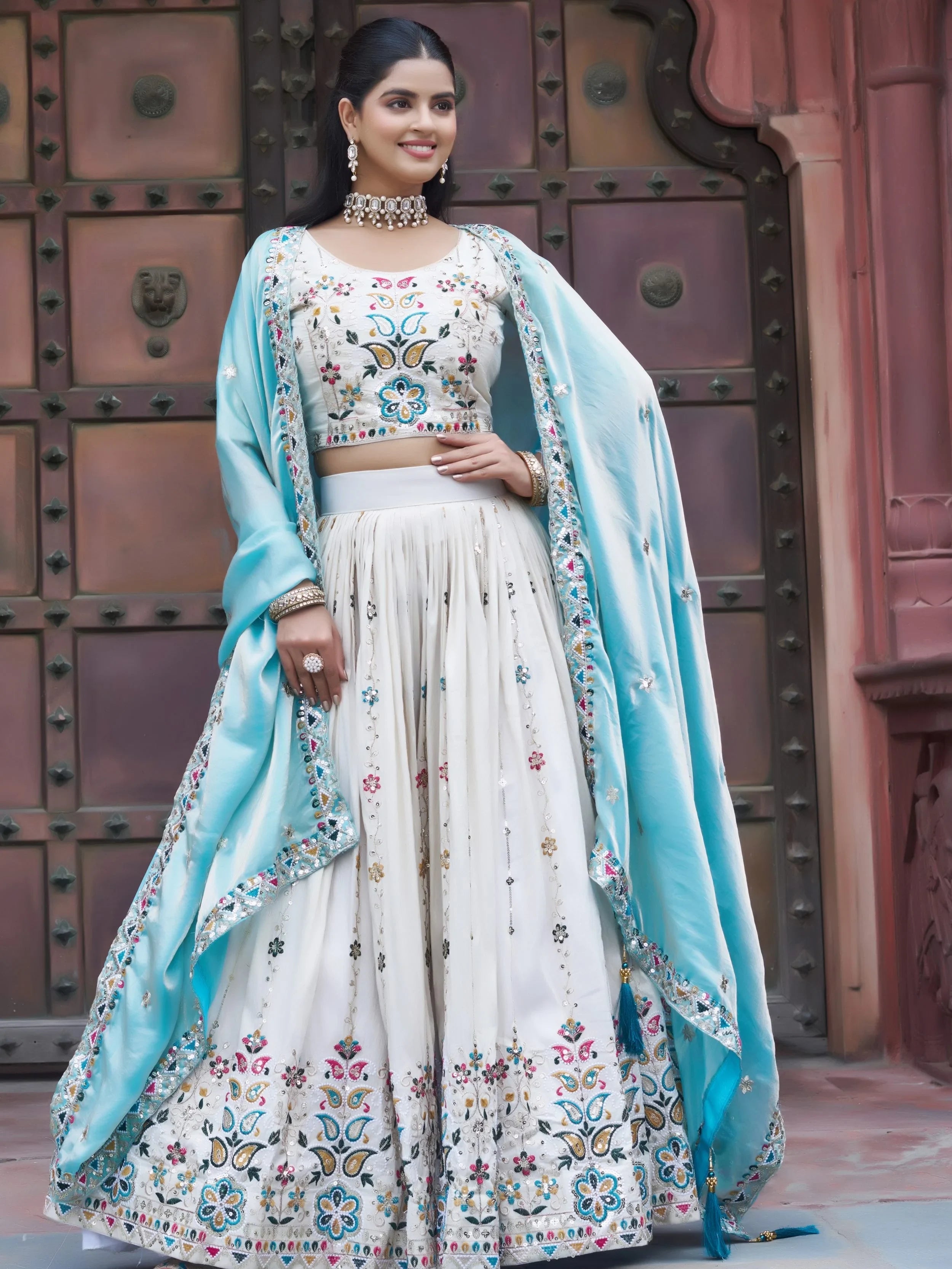 Mesmerising Off-White Sequnis Silk Lehenga Choli With Blue Dupatta for Women
