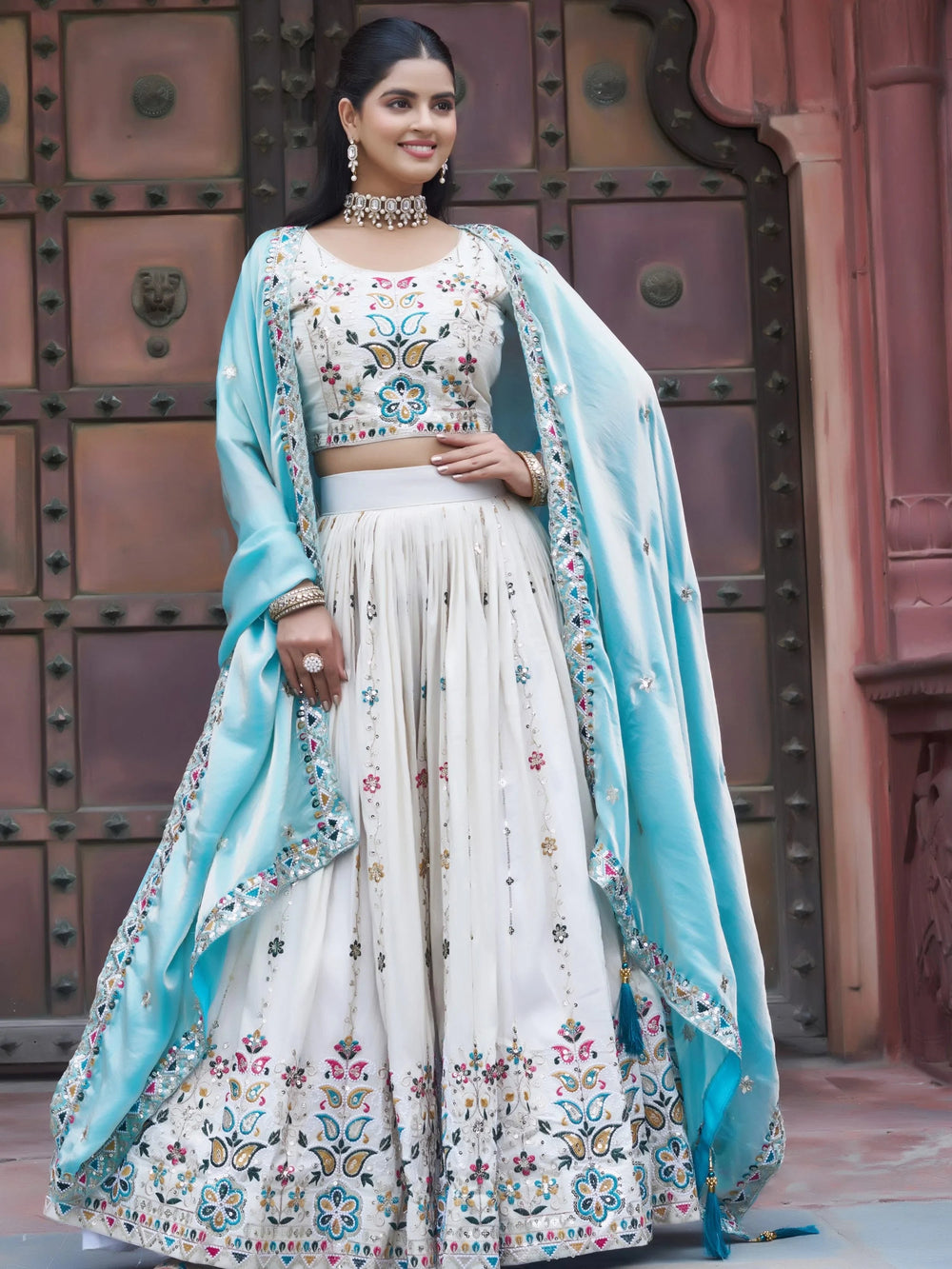 Mesmerising Off-White Sequnis Silk Lehenga Choli With Blue Dupatta for Women