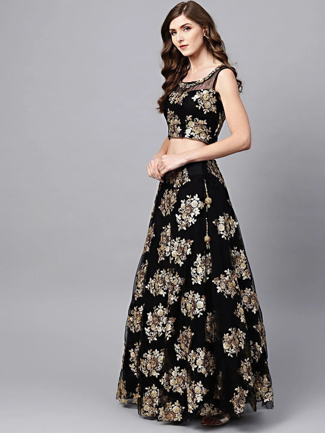Black Floral Golden Sequins Work Net Fabric Party Lehenga Choli