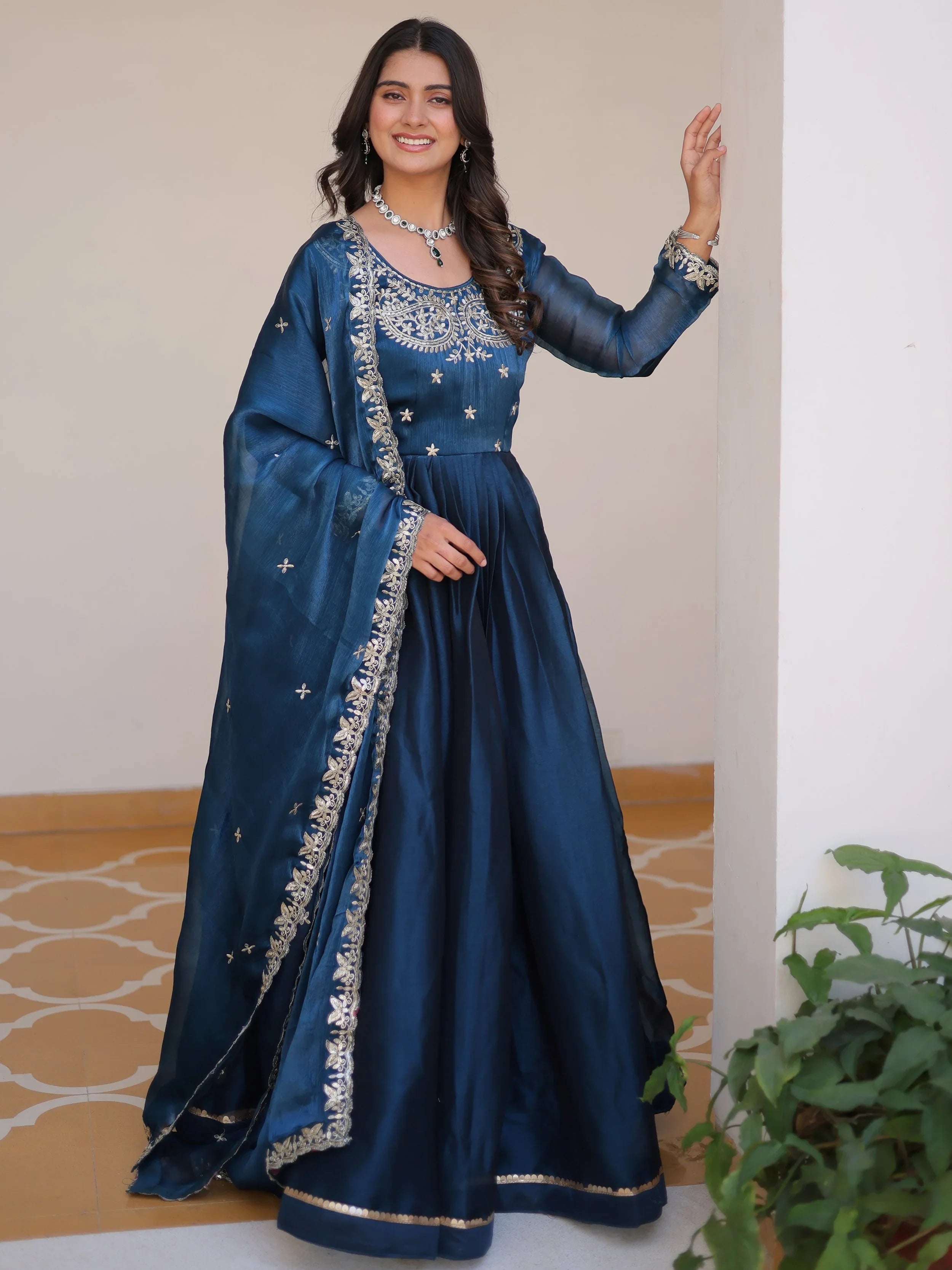 Blue Glamorous Embroidered Silk Wedding Wear Gown With Dupatta for Women