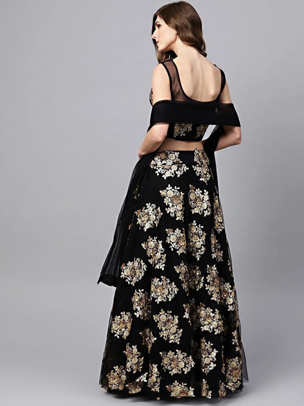 Black Floral Golden Sequins Work Net Fabric Party Lehenga Choli