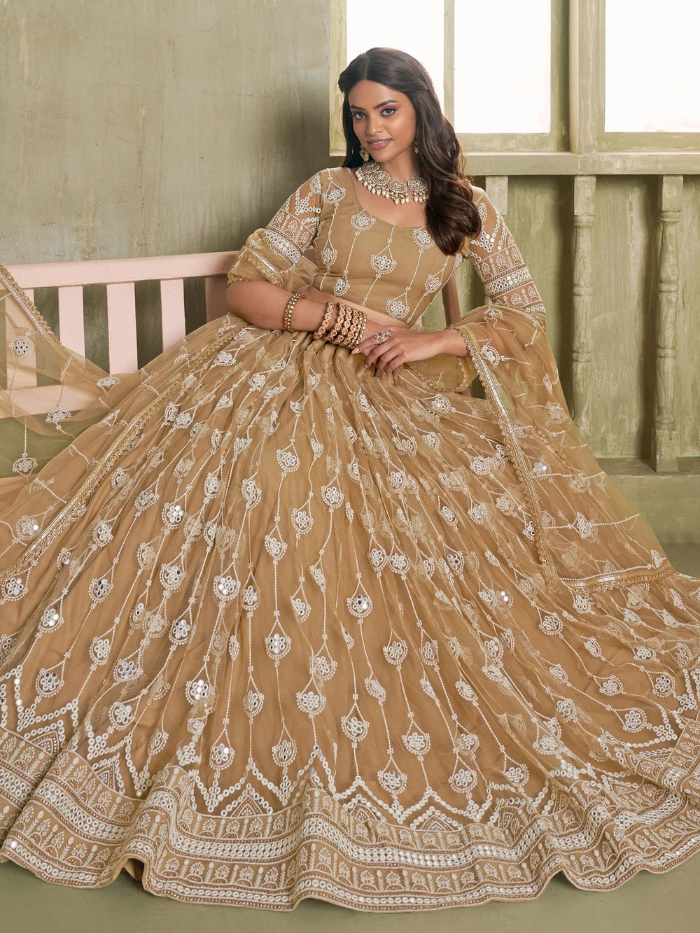Beige Thread Embroidered Net Lehenga Choli With Dupatta for Women