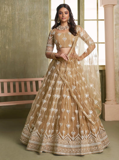 Beige Thread Embroidered Net Lehenga Choli With Dupatta for Women