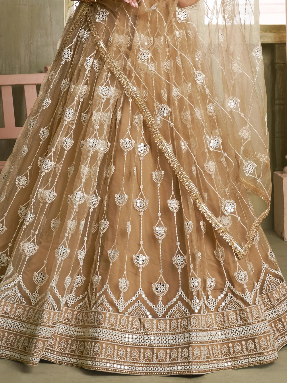 Beige Thread Embroidered Net Lehenga Choli With Dupatta for Women