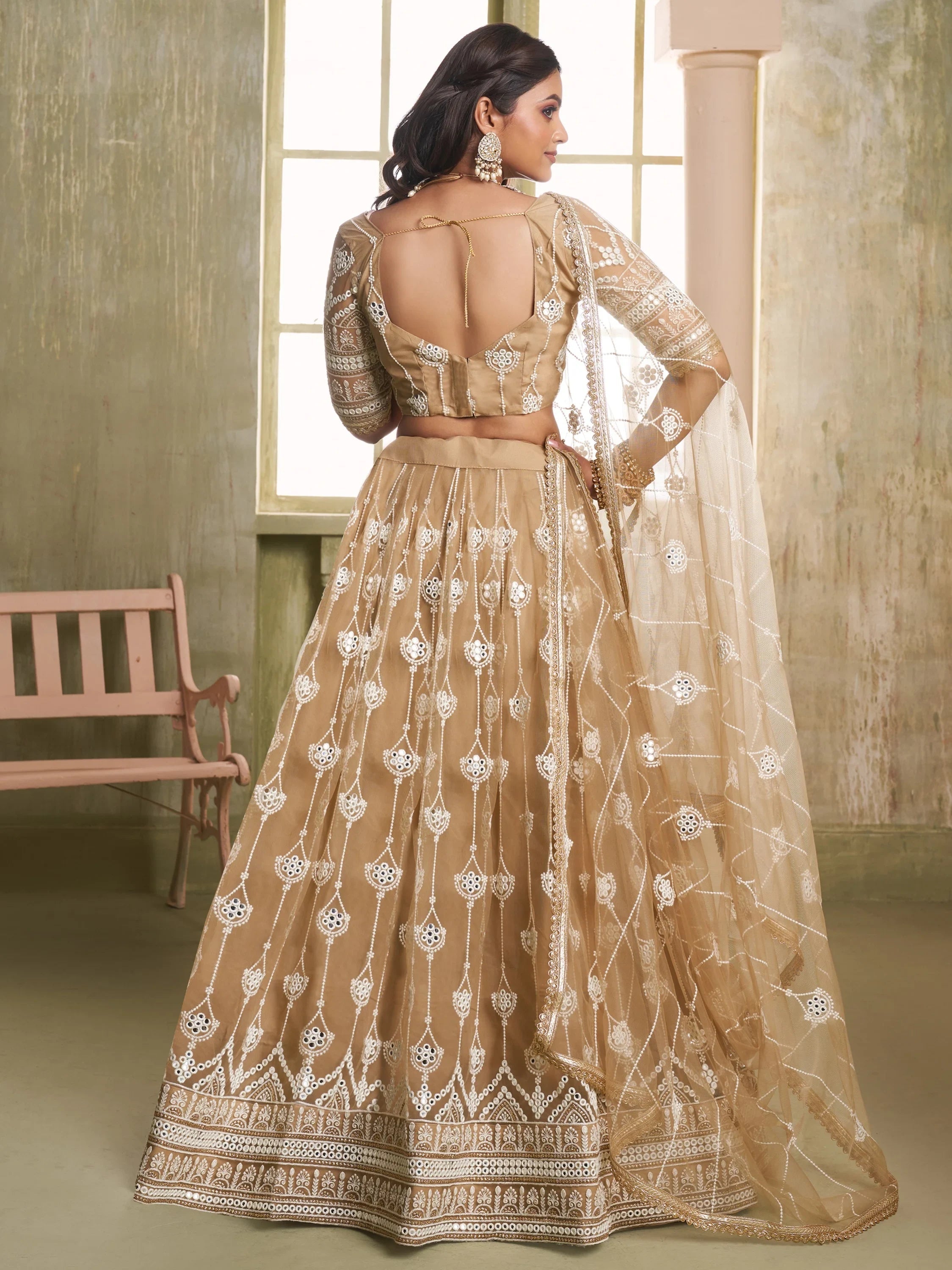 Beige Thread Embroidered Net Lehenga Choli With Dupatta for Women