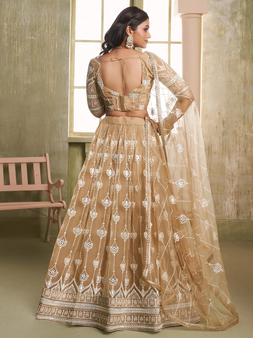 Beige Thread Embroidered Net Lehenga Choli With Dupatta for Women