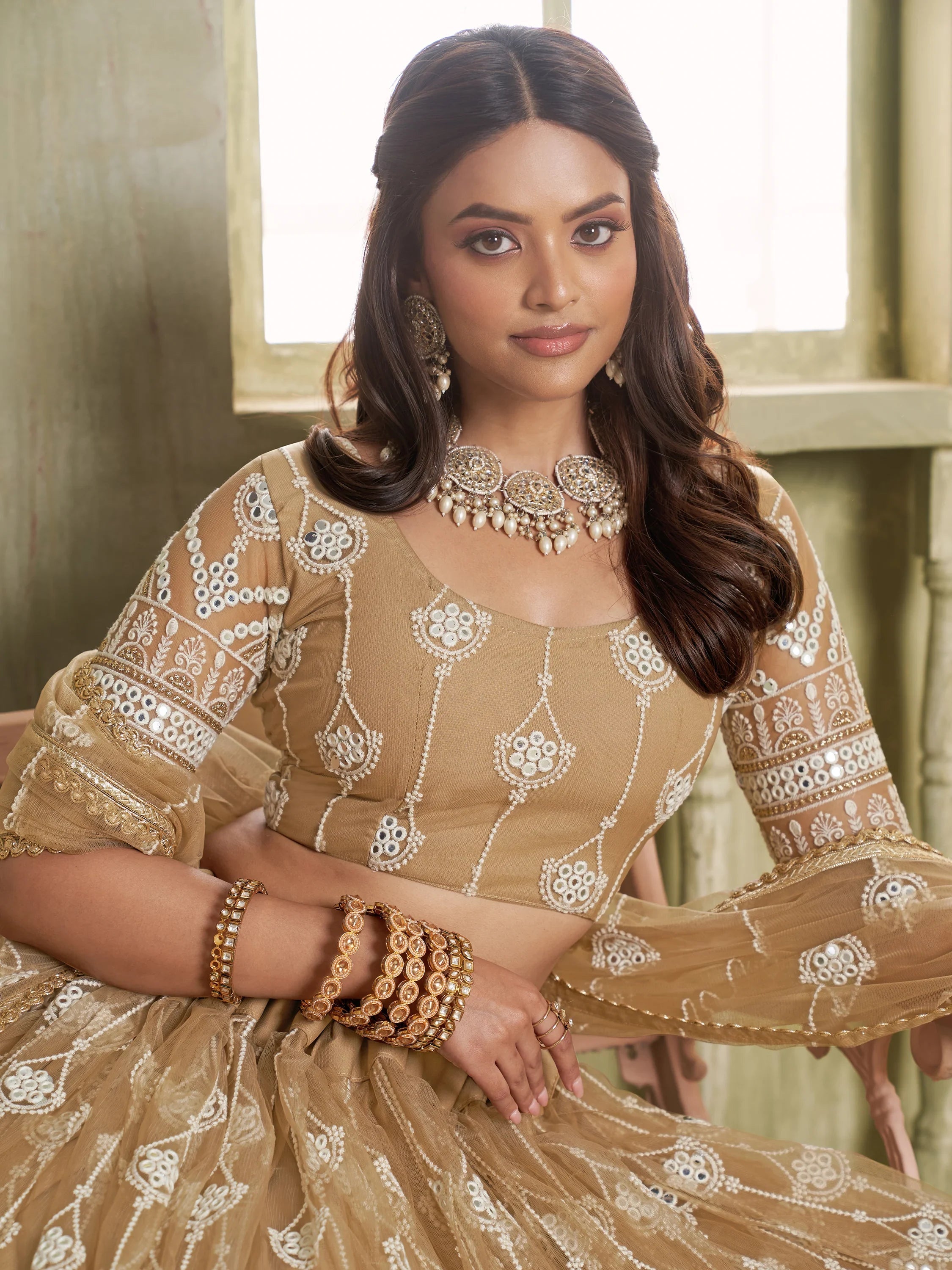 Beige Thread Embroidered Net Lehenga Choli With Dupatta for Women