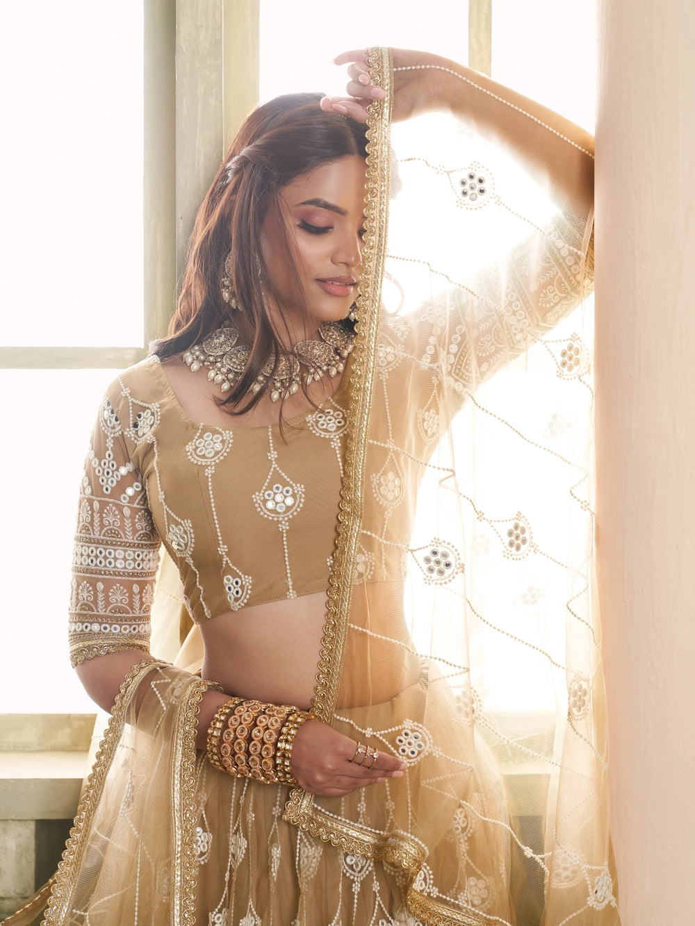 Beige Thread Embroidered Net Lehenga Choli With Dupatta for Women