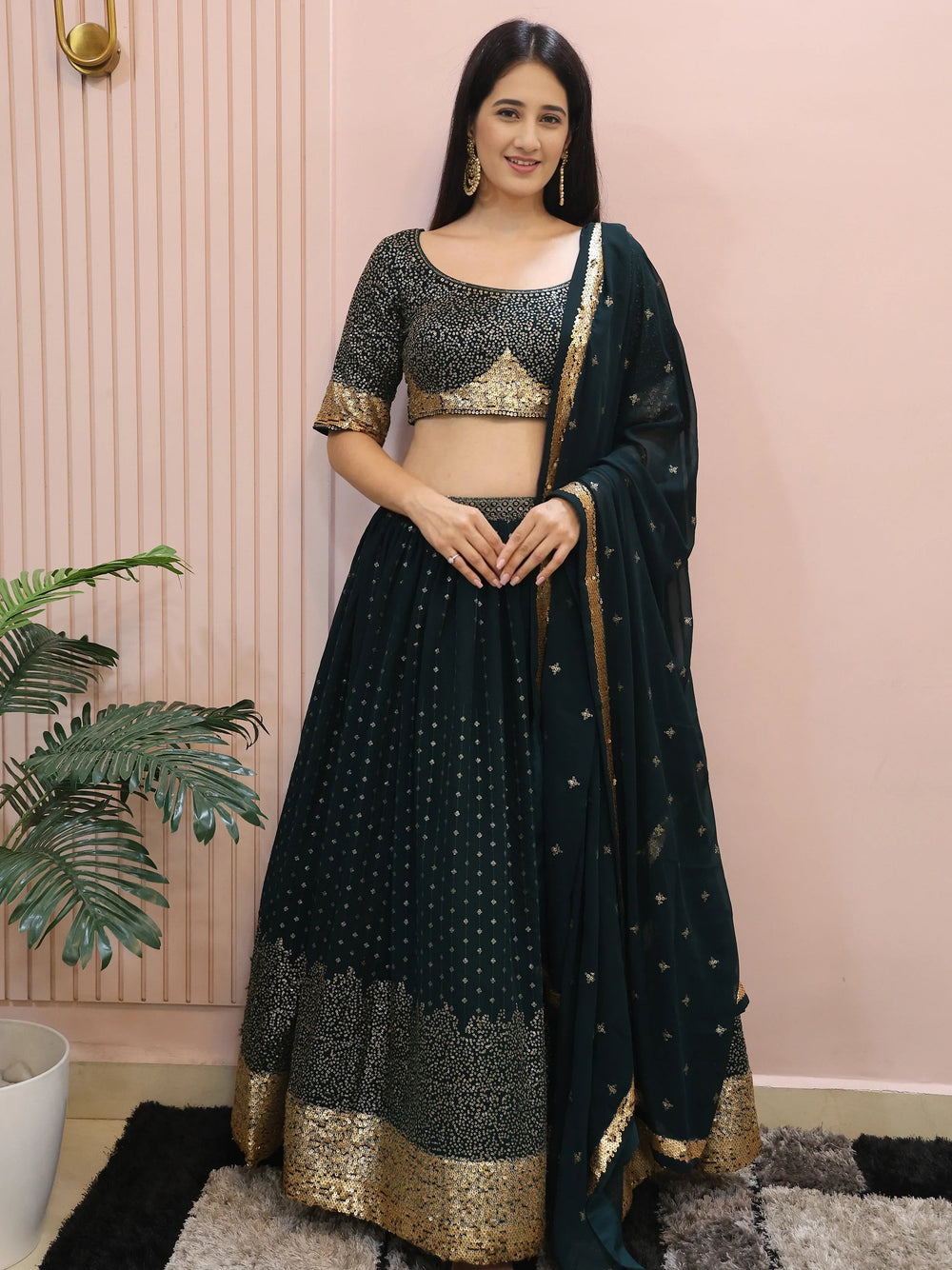 Green Sequins Mehendi Lehenga Choli Ethnic Collection