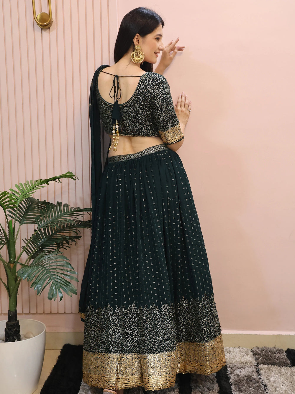 Green Sequins Mehendi Lehenga Choli Ethnic Collection