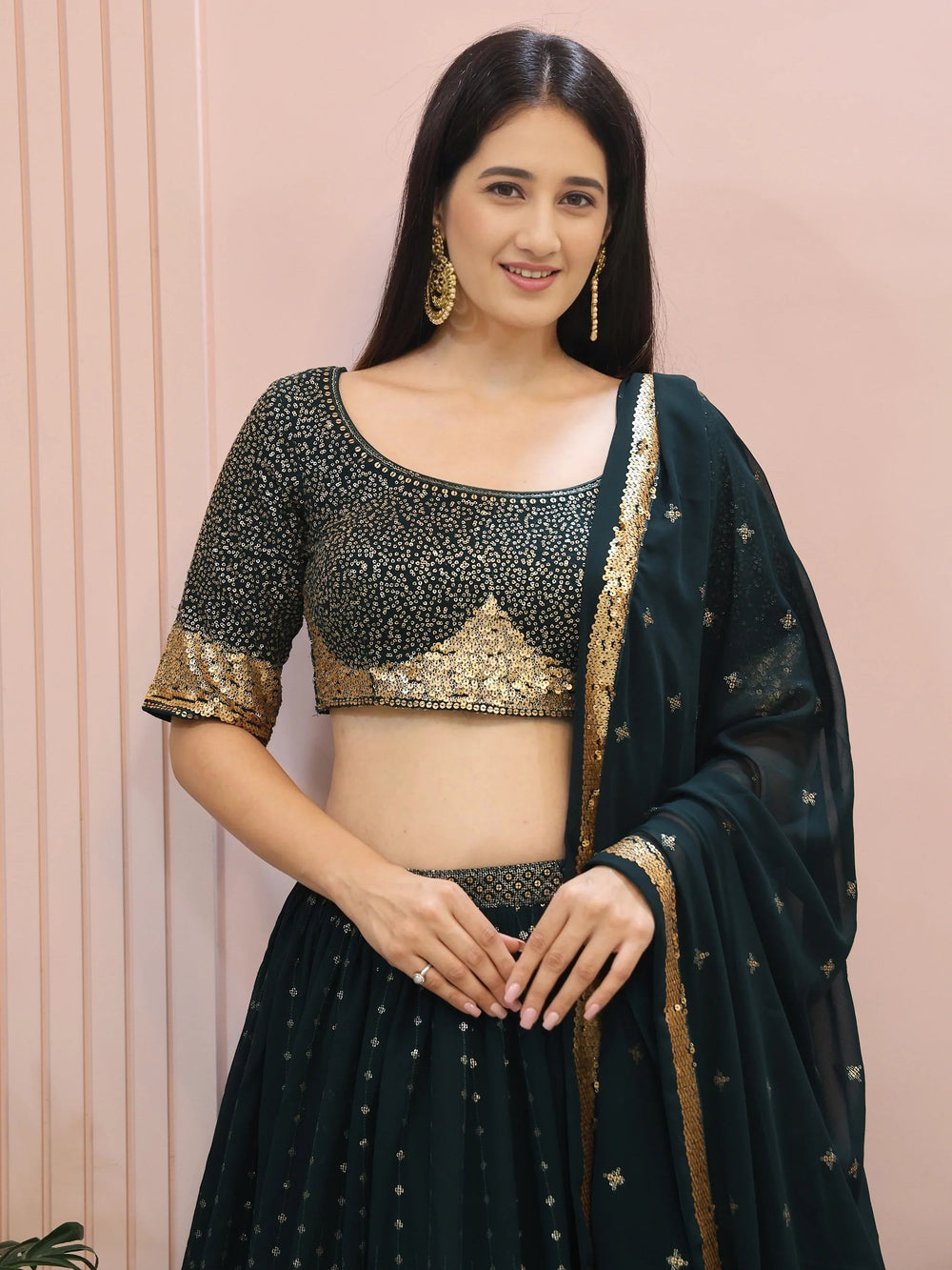 Green Sequins Mehendi Lehenga Choli Ethnic Collection
