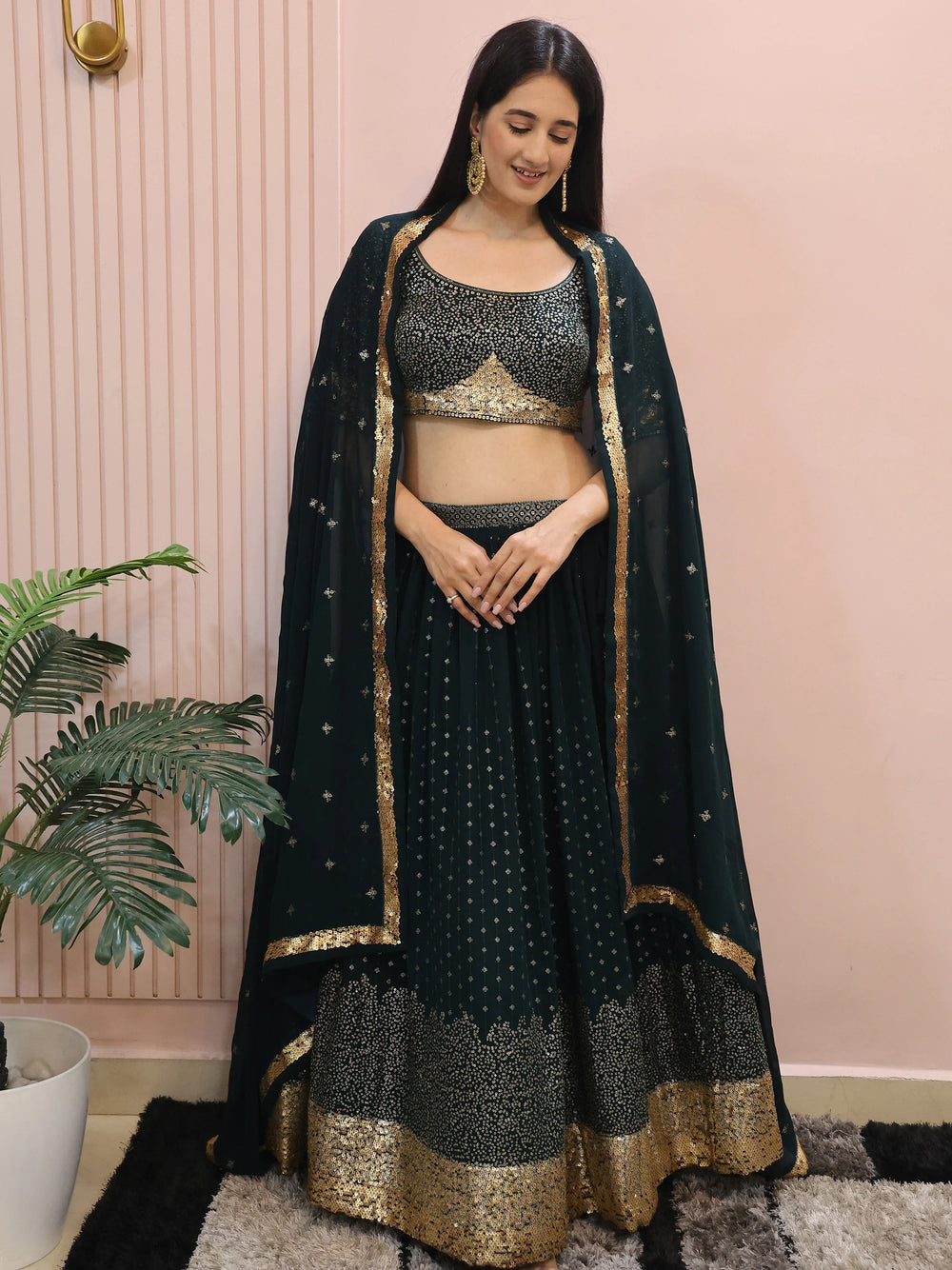 Green Sequins Mehendi Lehenga Choli Ethnic Collection