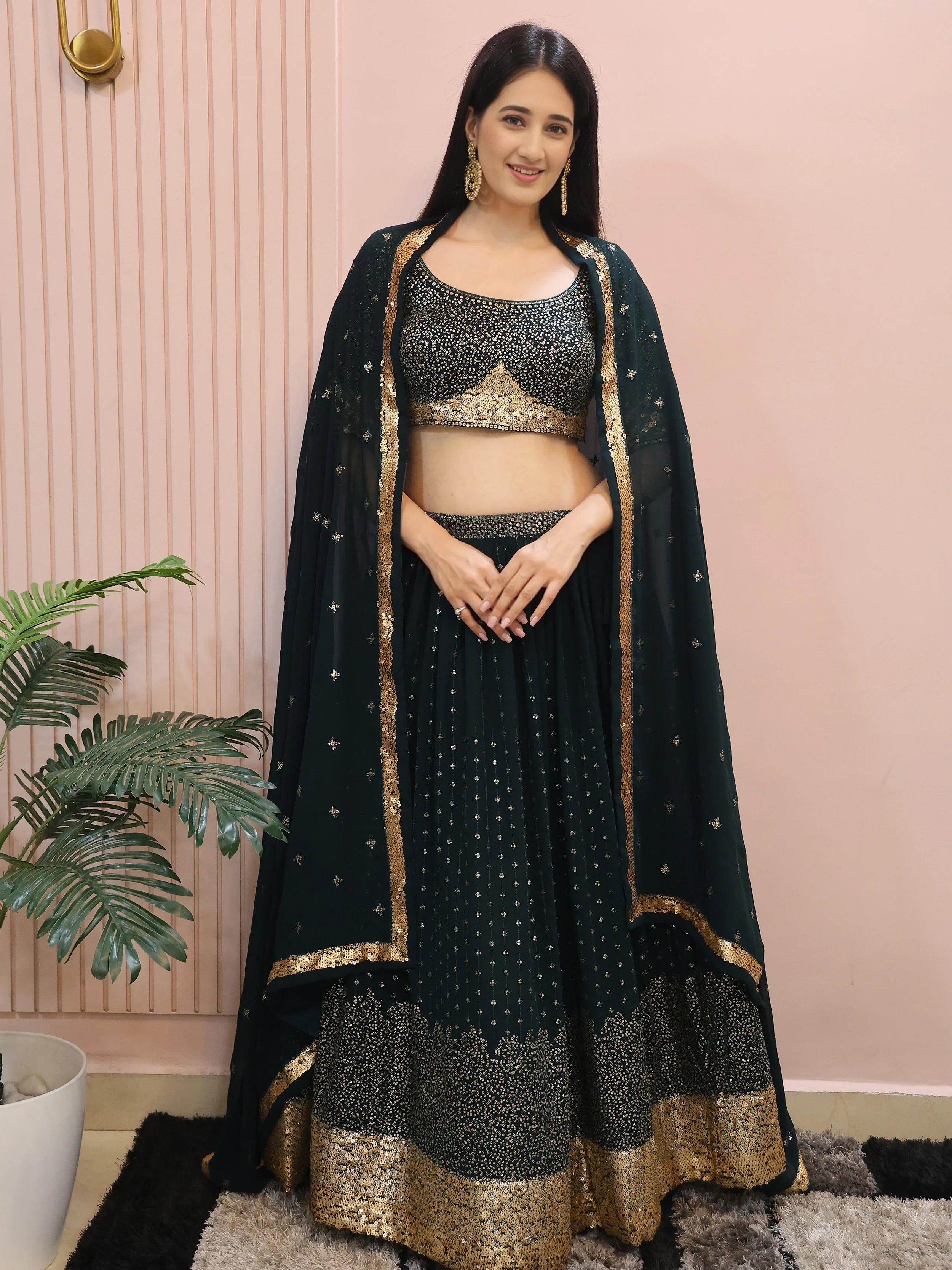 Green Sequins Mehendi Lehenga Choli Ethnic Collection