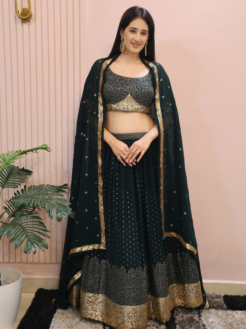 Green Sequins Mehendi Lehenga Choli Ethnic Collection