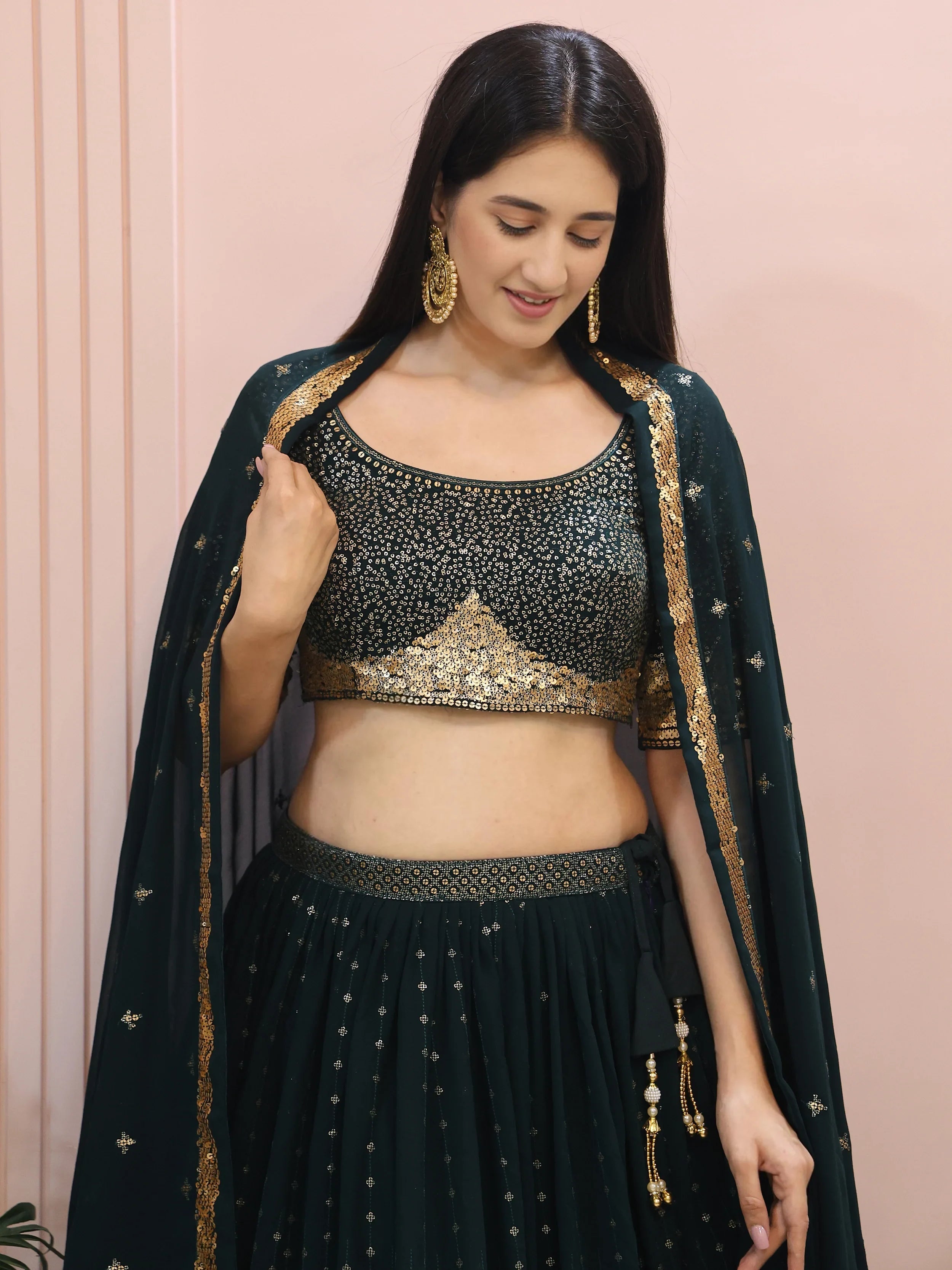 Green Sequins Mehendi Lehenga Choli Ethnic Collection