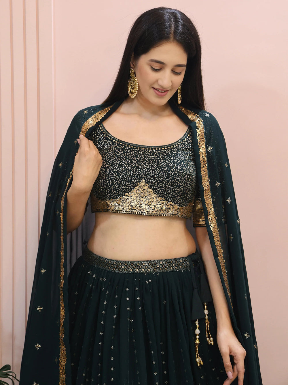 Green Sequins Mehendi Lehenga Choli Ethnic Collection