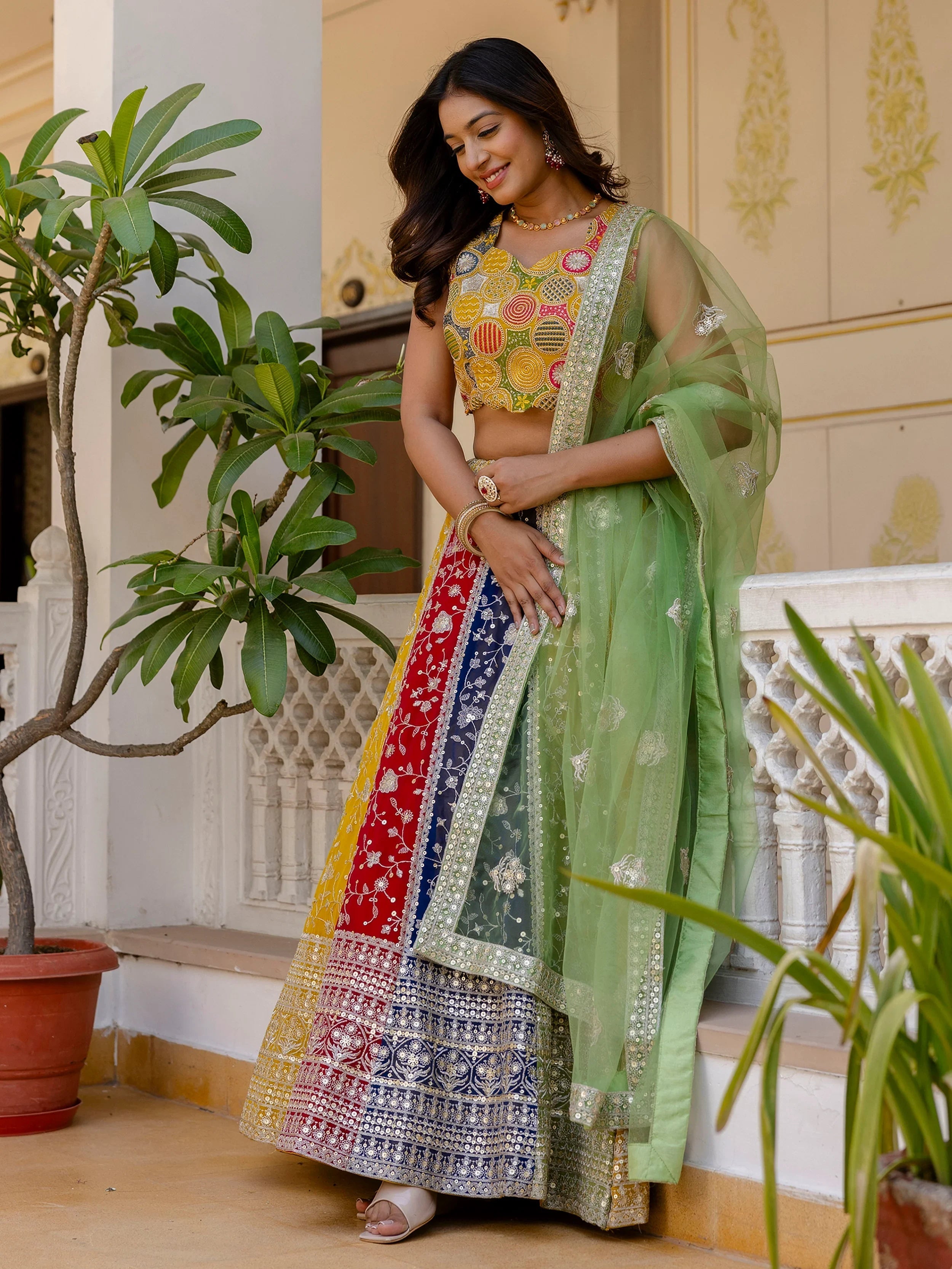 Multi Color Georgette Sequins Sangeet Wear Lehenga Choli for Women