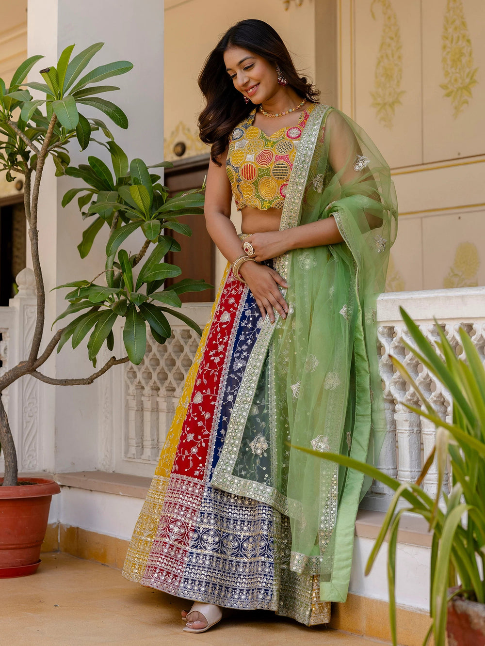 Multi Color Georgette Sequins Sangeet Wear Lehenga Choli for Women