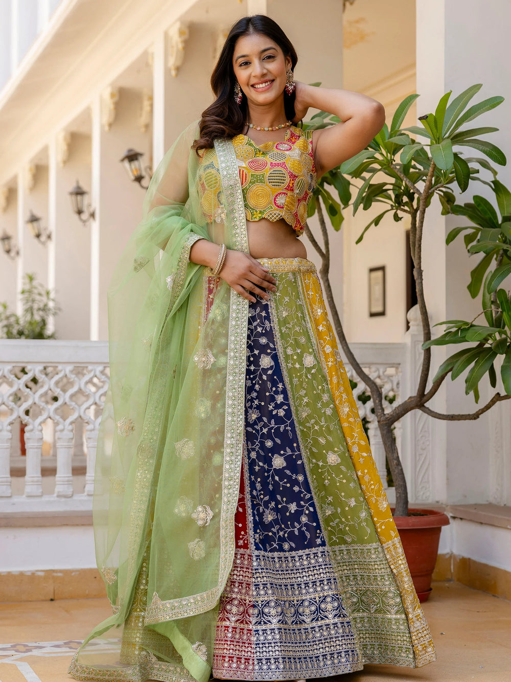 Multi Color Georgette Sequins Sangeet Wear Lehenga Choli for Women