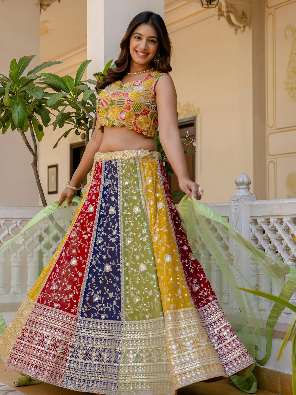 Multi Color Georgette Sequins Sangeet Wear Lehenga Choli for Women