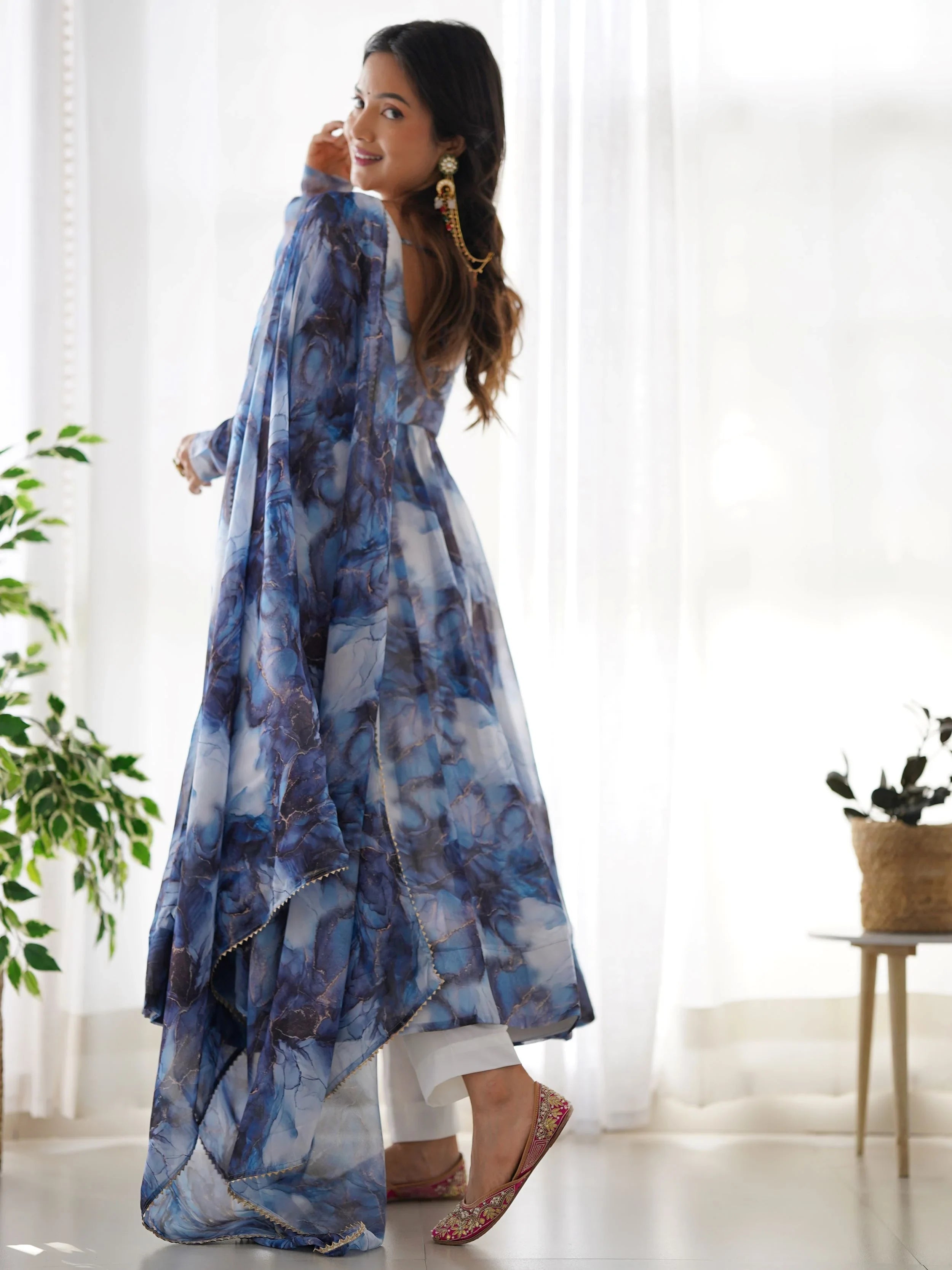 Navy Organza Digital Printed Anarkali Suit for Women