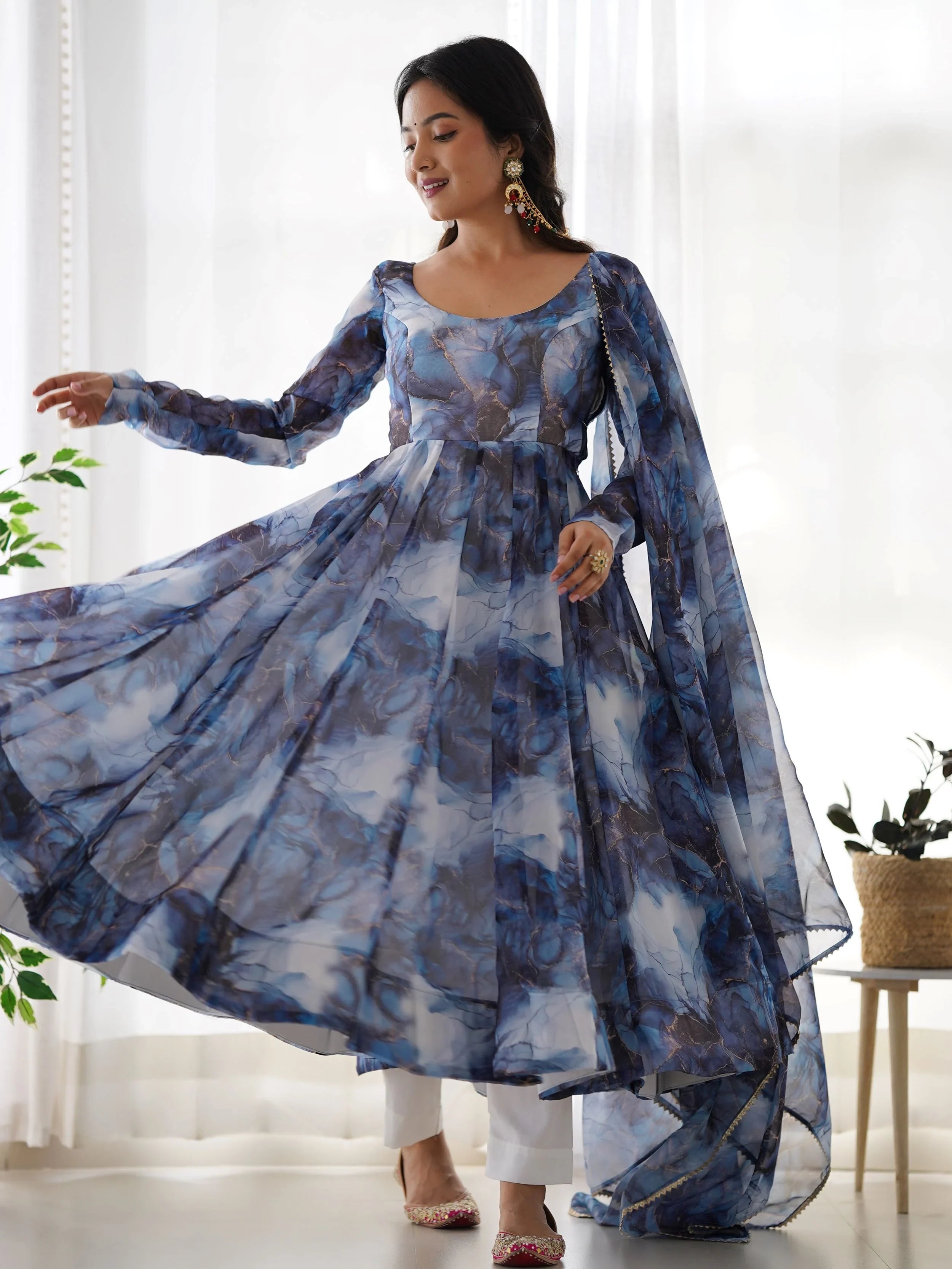 Navy Organza Digital Printed Anarkali Suit for Women