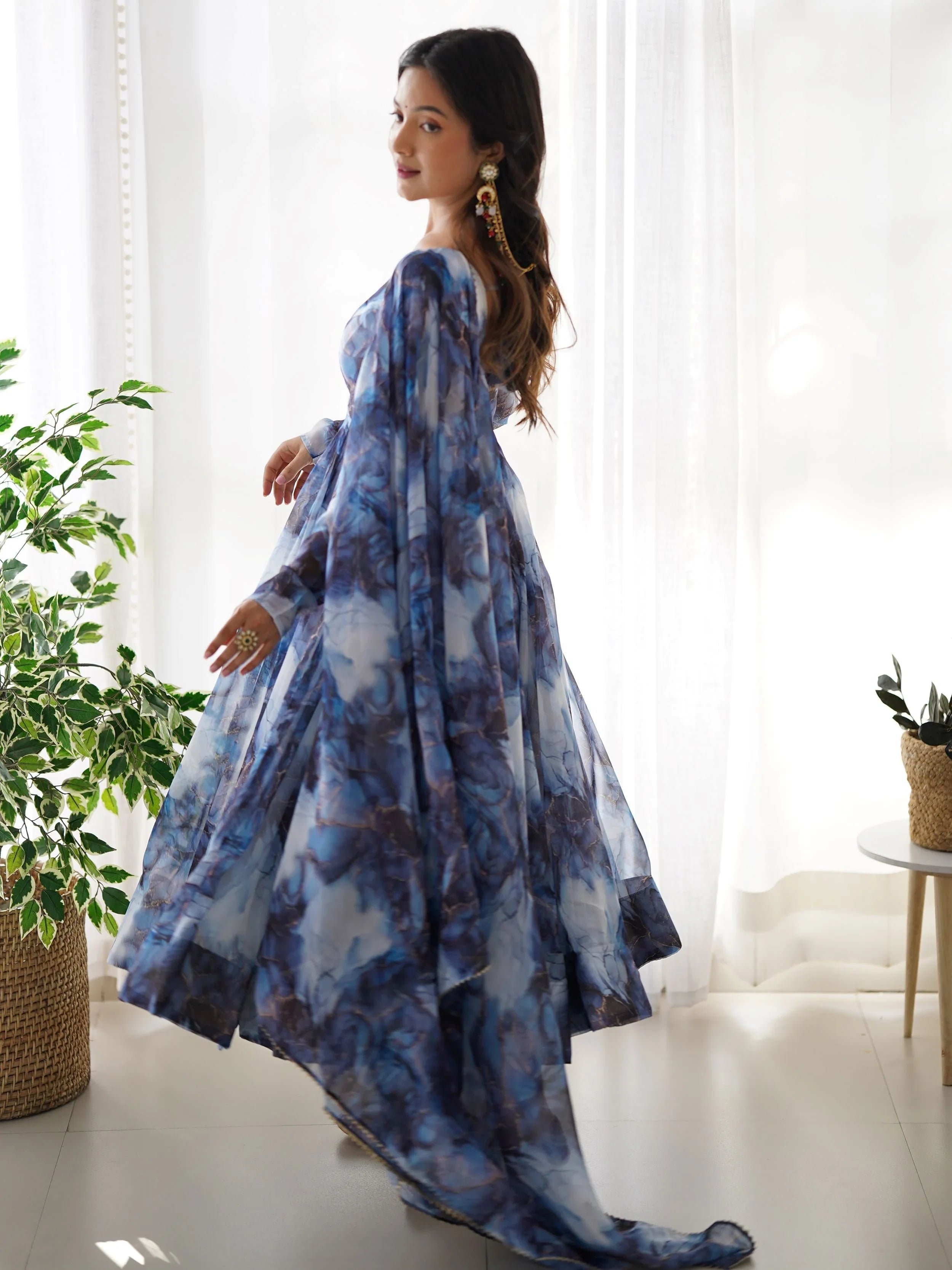 Navy Organza Digital Printed Anarkali Suit for Women