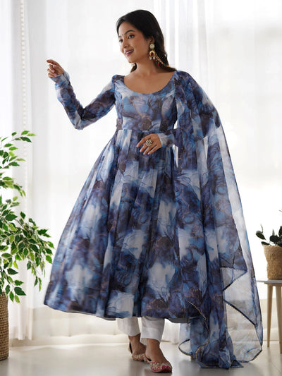 Navy Organza Digital Printed Anarkali Suit for Women