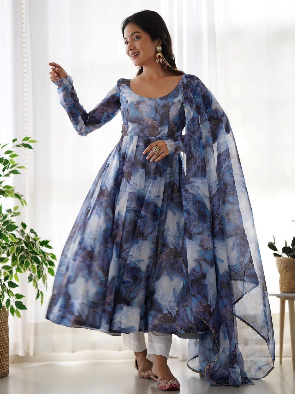 Navy Organza Digital Printed Anarkali Suit for Women