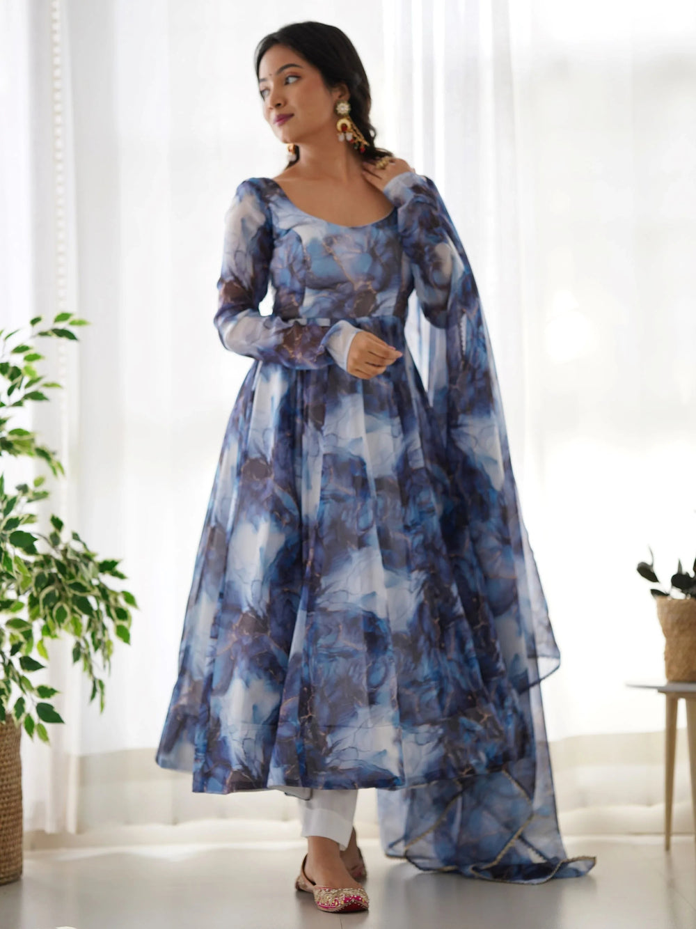 Navy Organza Digital Printed Anarkali Suit for Women
