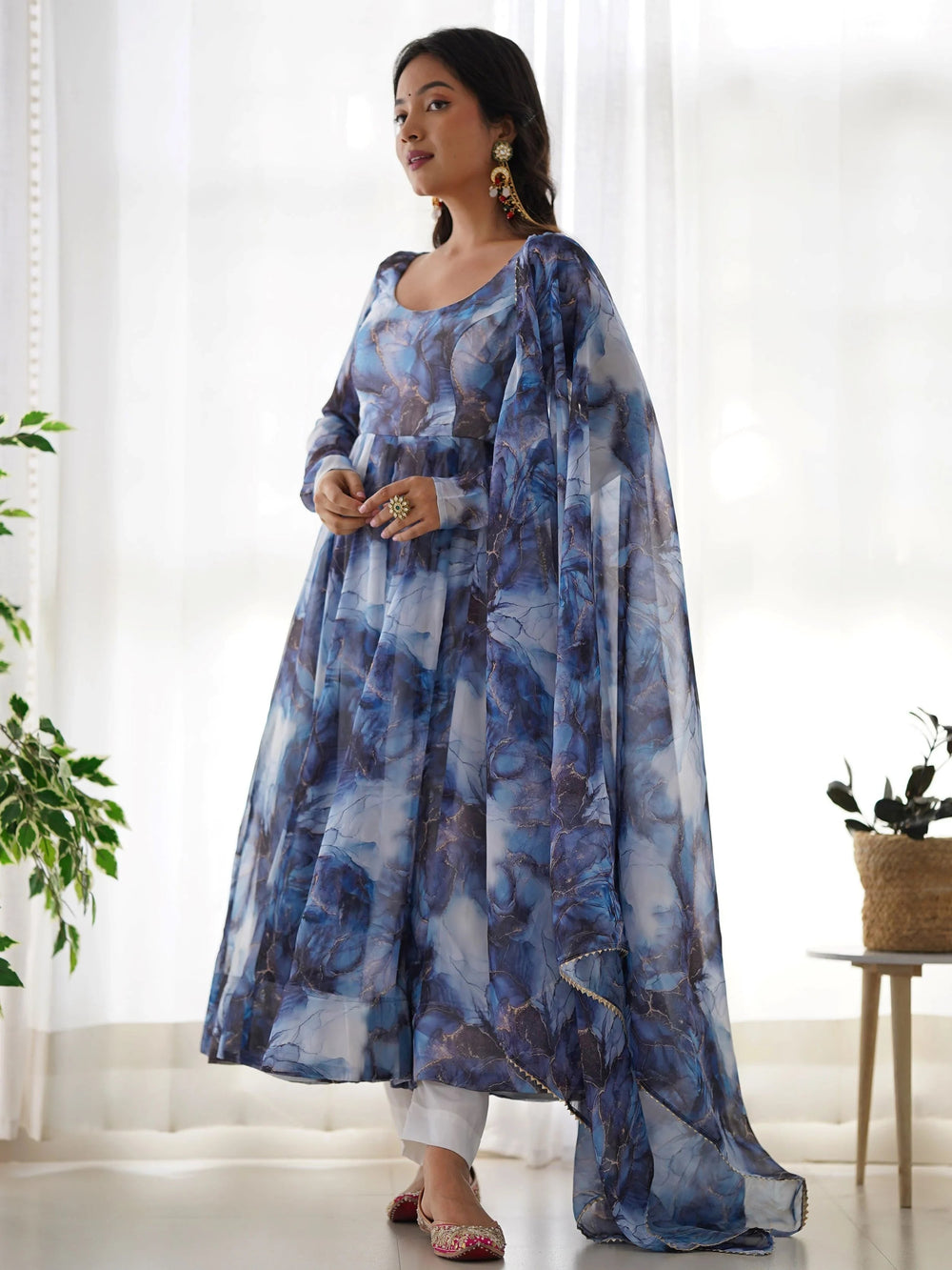 Navy Organza Digital Printed Anarkali Suit for Women