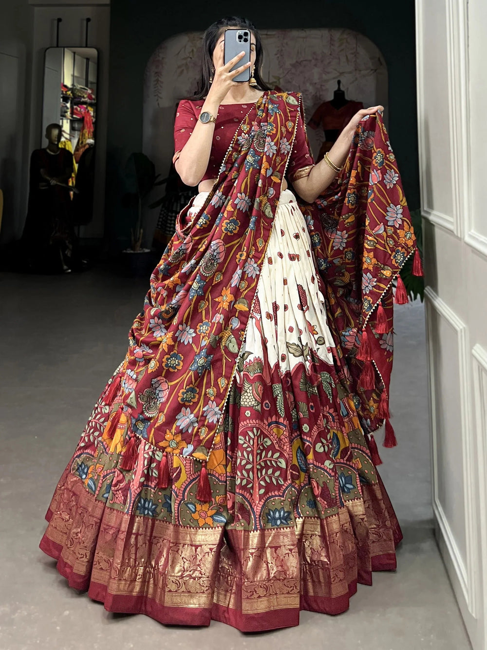 Off-White Kalamkari Printed Function Wear Lehenga Choli