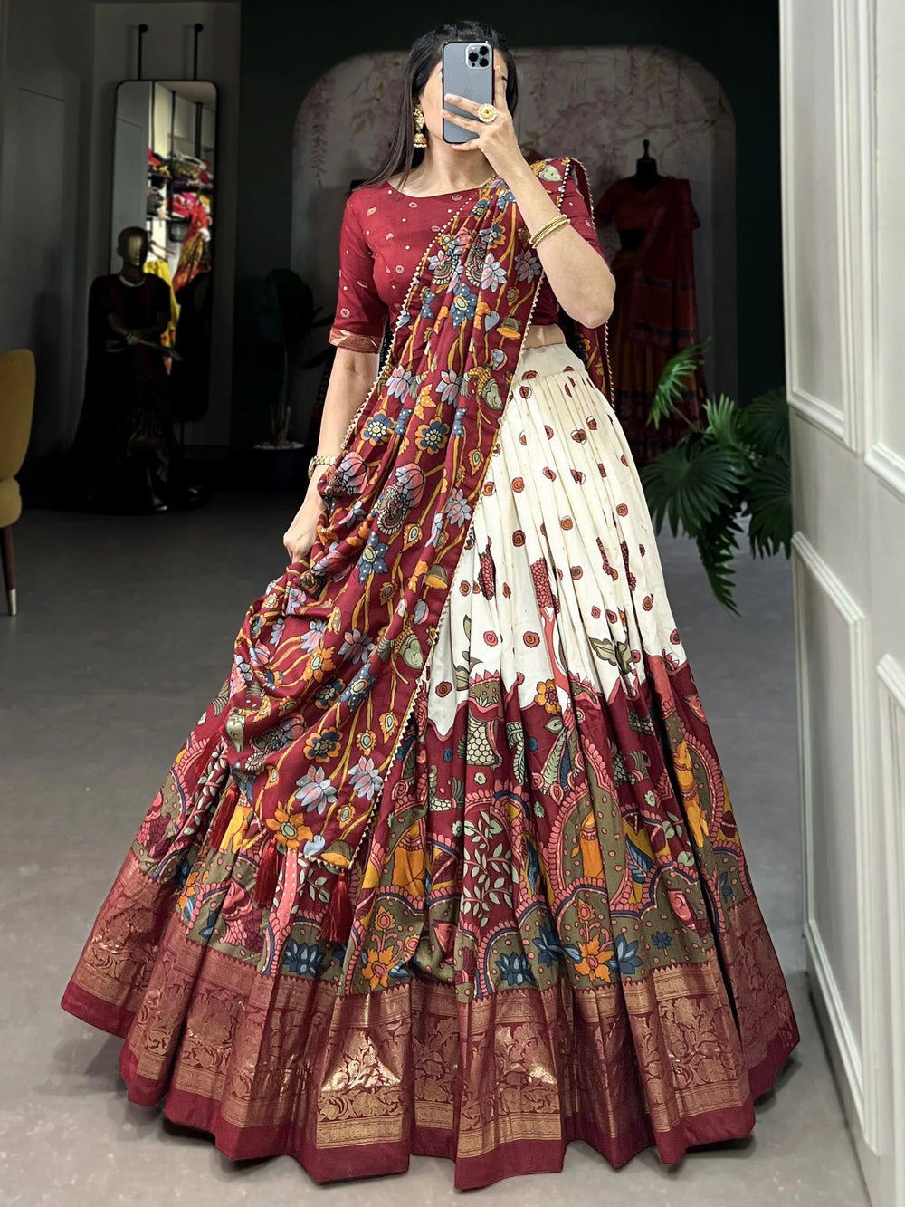 Off-White Kalamkari Printed Function Wear Lehenga Choli