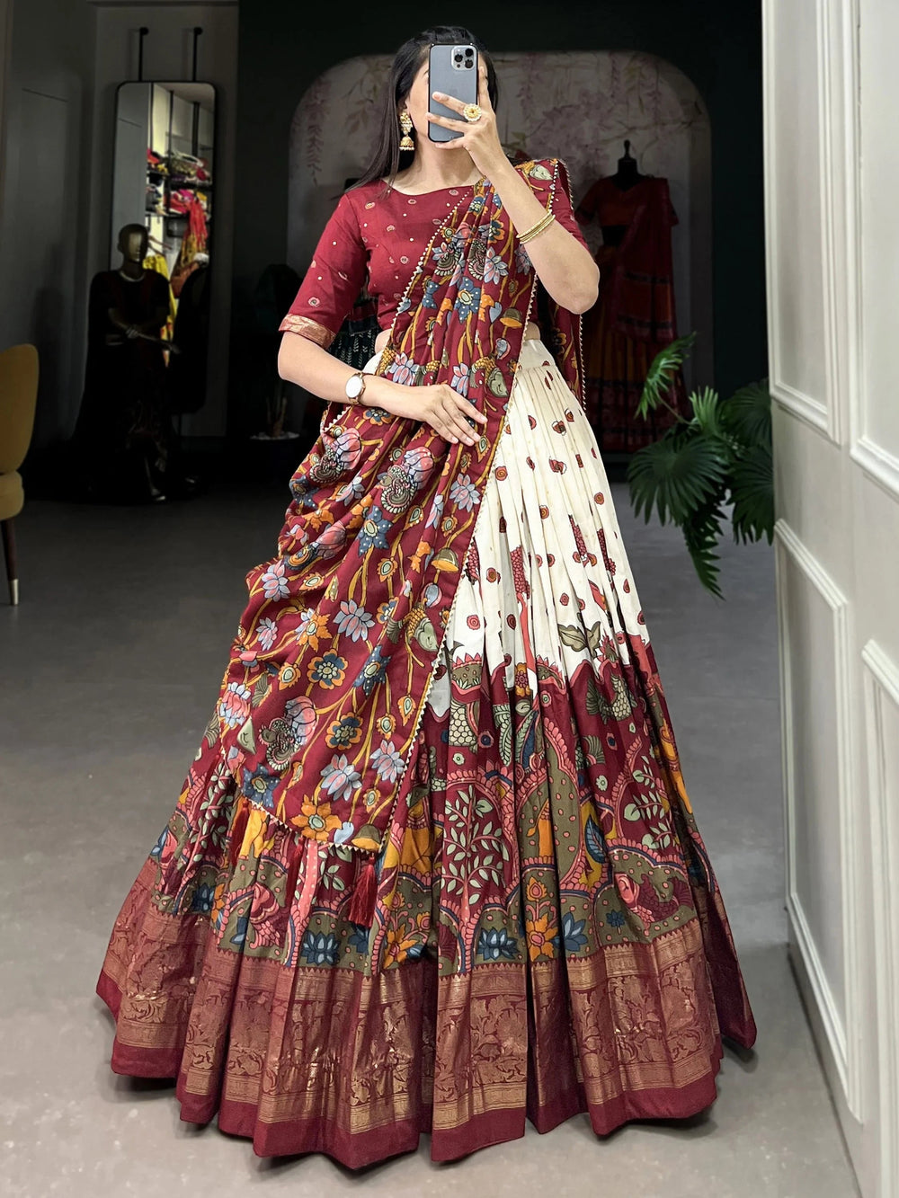 Off-White Kalamkari Printed Function Wear Lehenga Choli