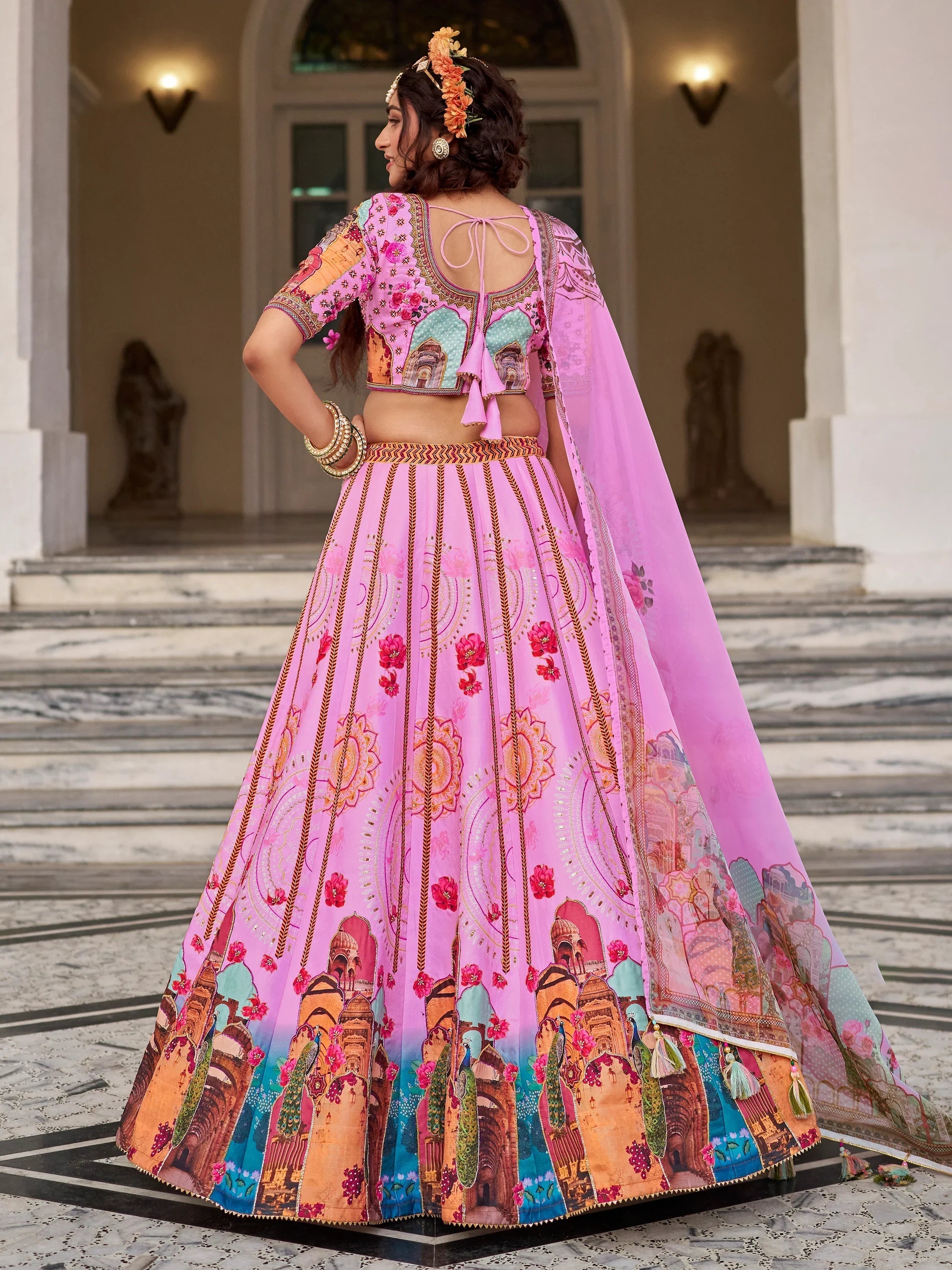 Pink Printed Art Silk Wedding Lehenga Choli With Dupatta for Women