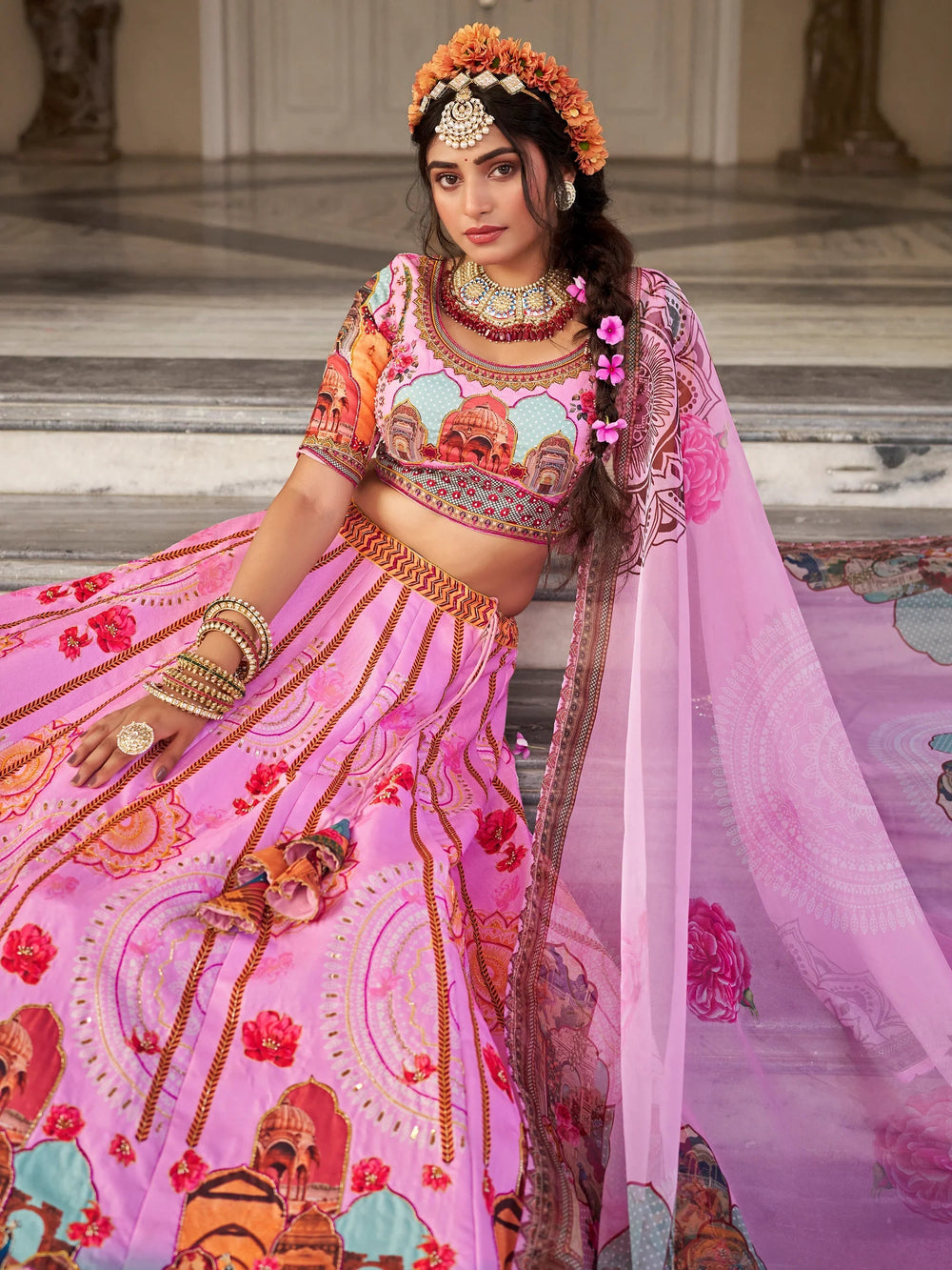 Pink Printed Art Silk Wedding Lehenga Choli With Dupatta for Women