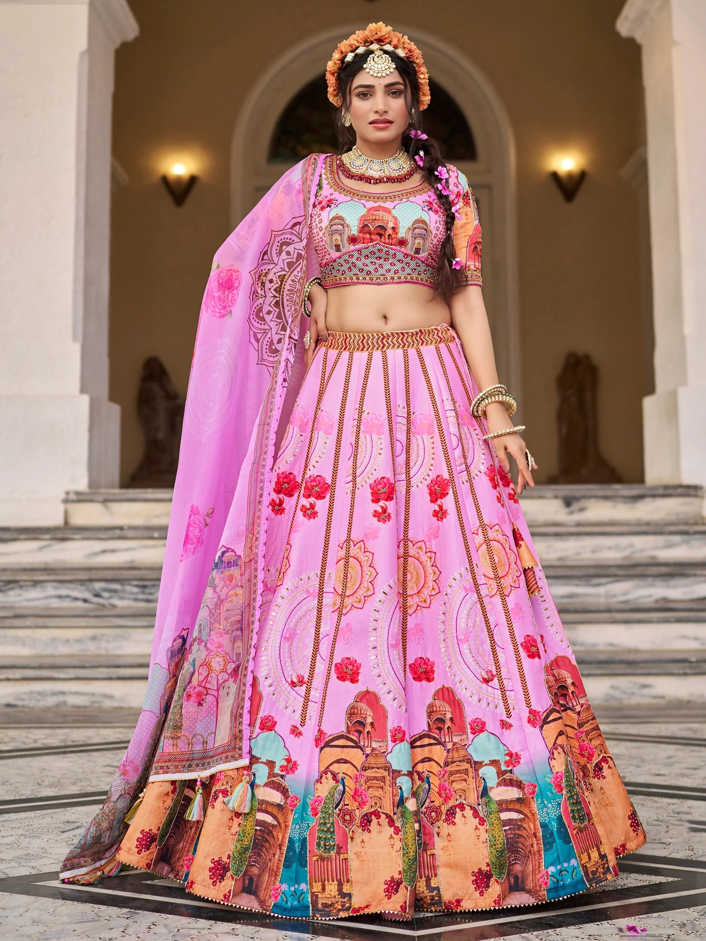 Pink Printed Art Silk Wedding Lehenga Choli With Dupatta for Women