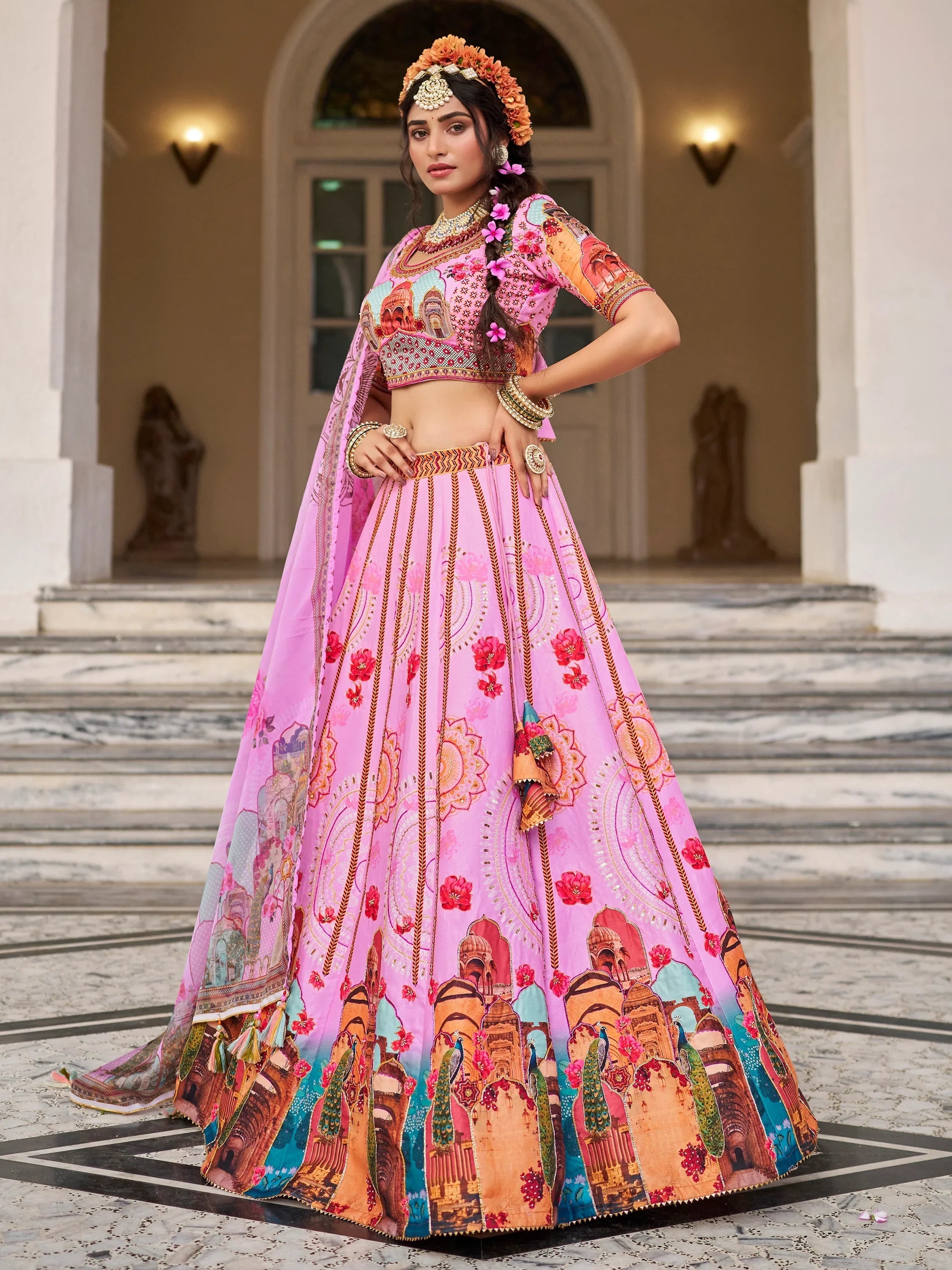 Pink Printed Art Silk Wedding Lehenga Choli With Dupatta for Women