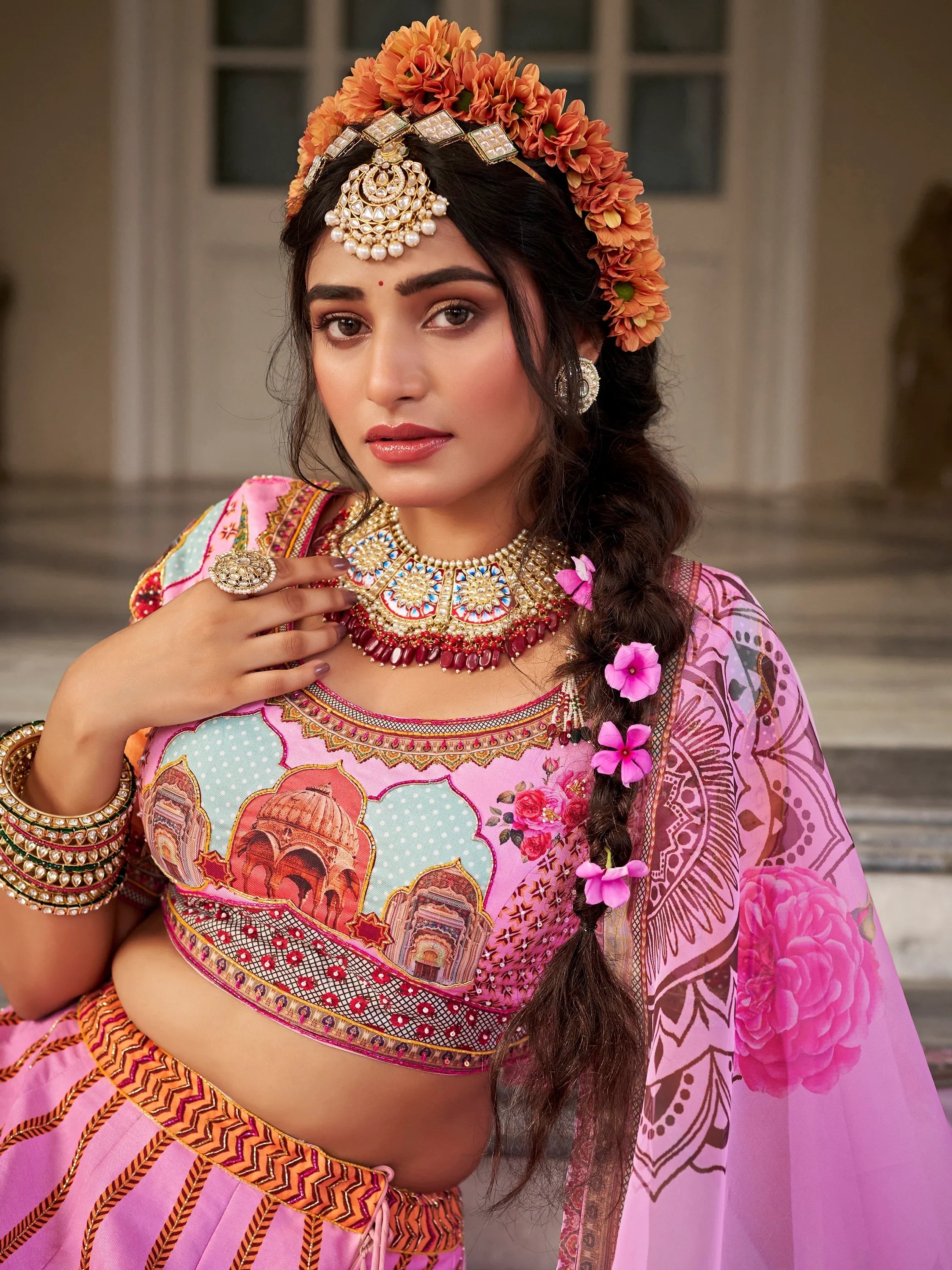 Pink Printed Art Silk Wedding Lehenga Choli With Dupatta for Women
