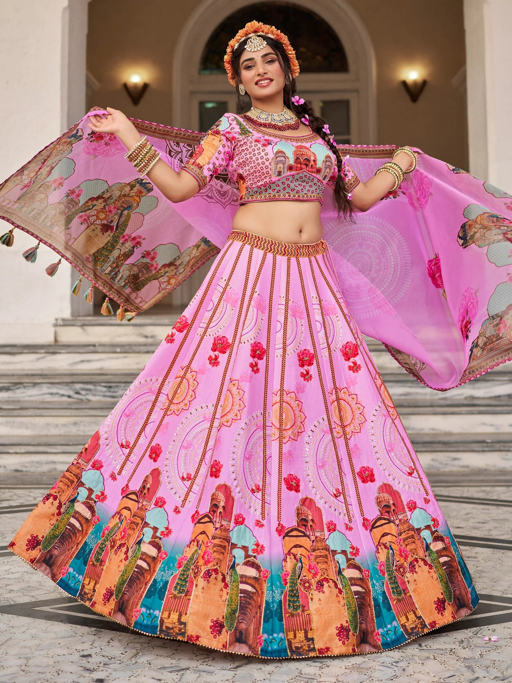 Pink Printed Art Silk Wedding Lehenga Choli With Dupatta for Women