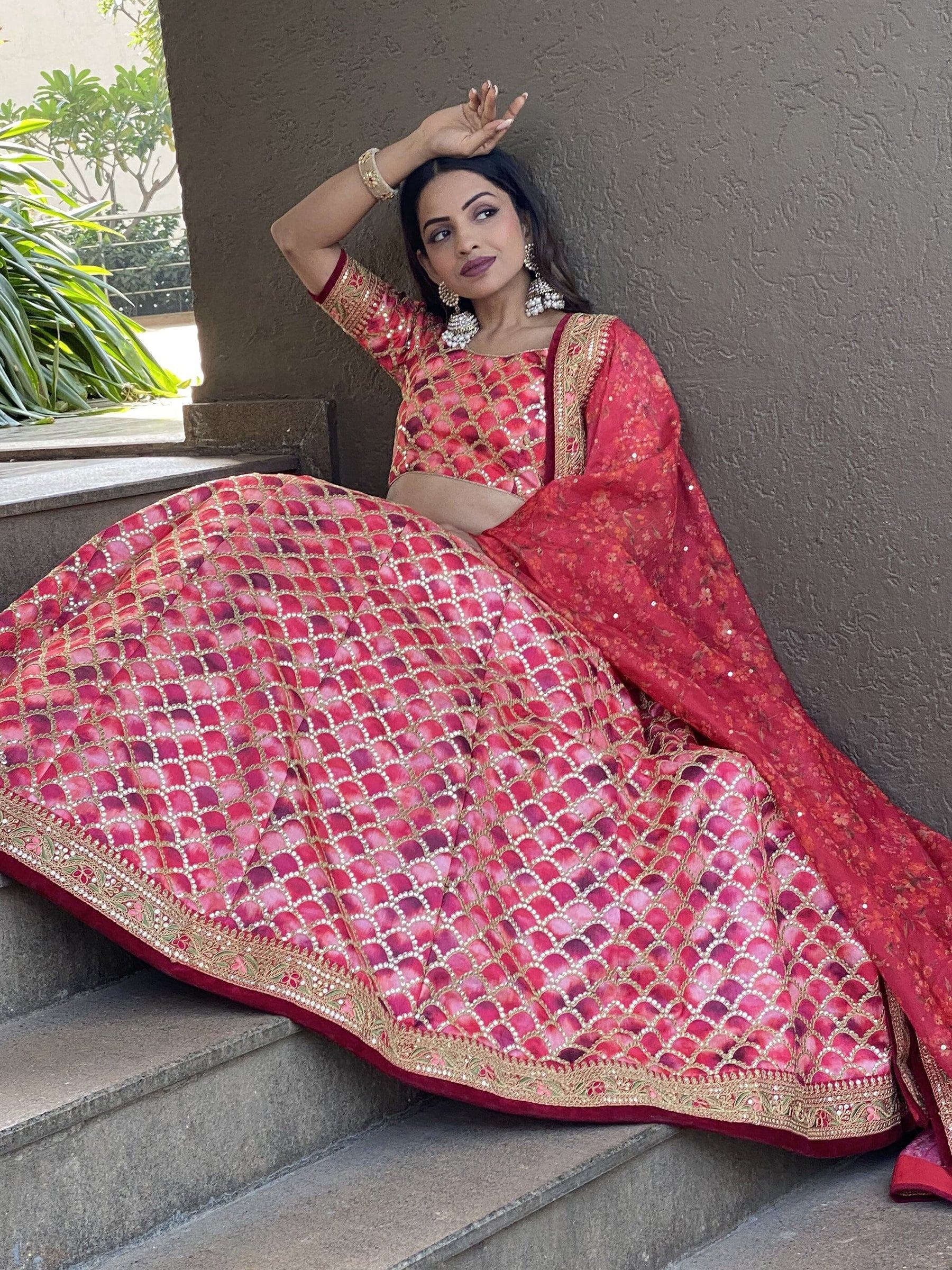 Art silk lehenga choli with sequins work and thread embroidery for wedding engagement