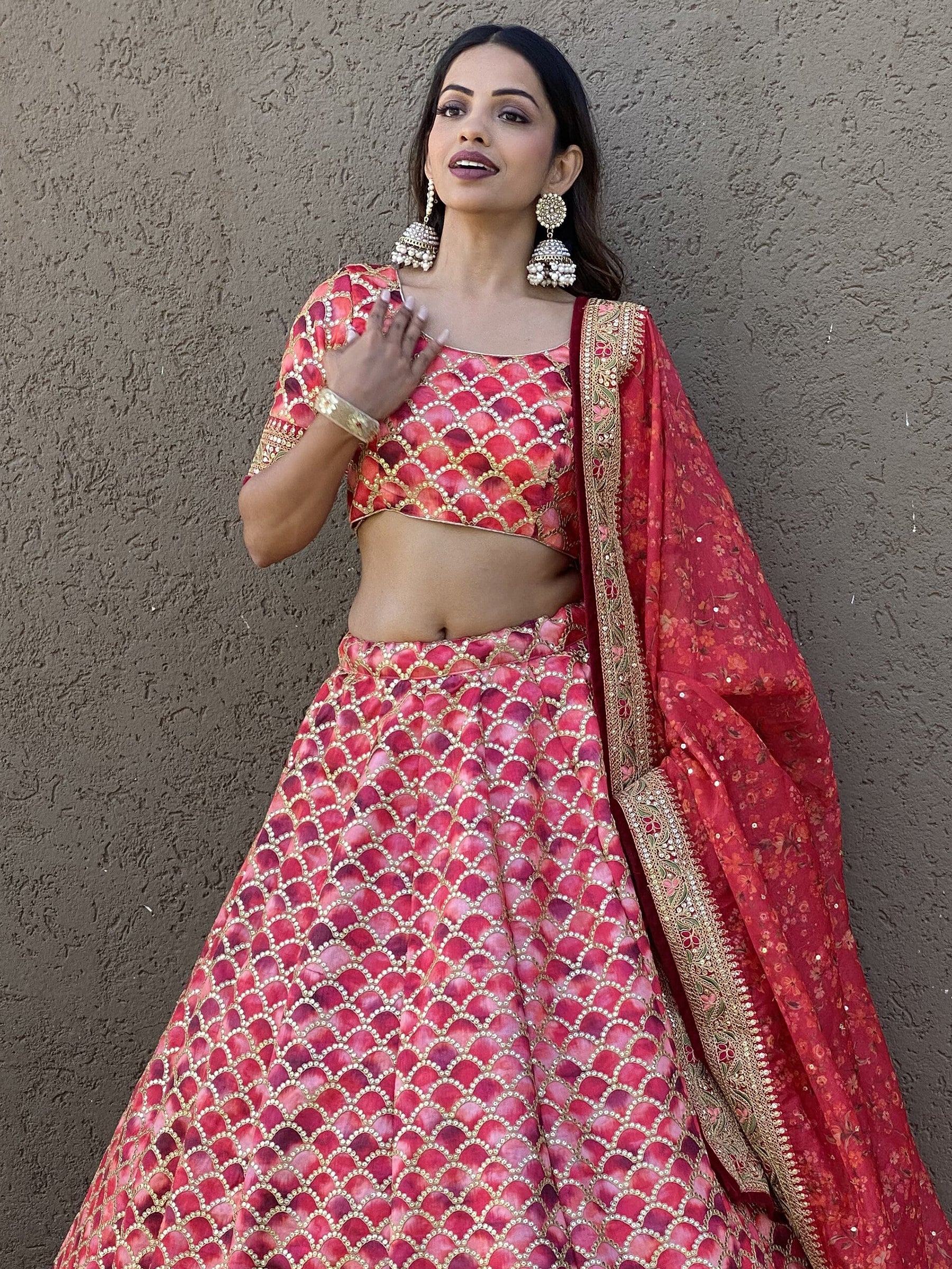 Art silk lehenga choli with sequins work and thread embroidery for wedding engagement
