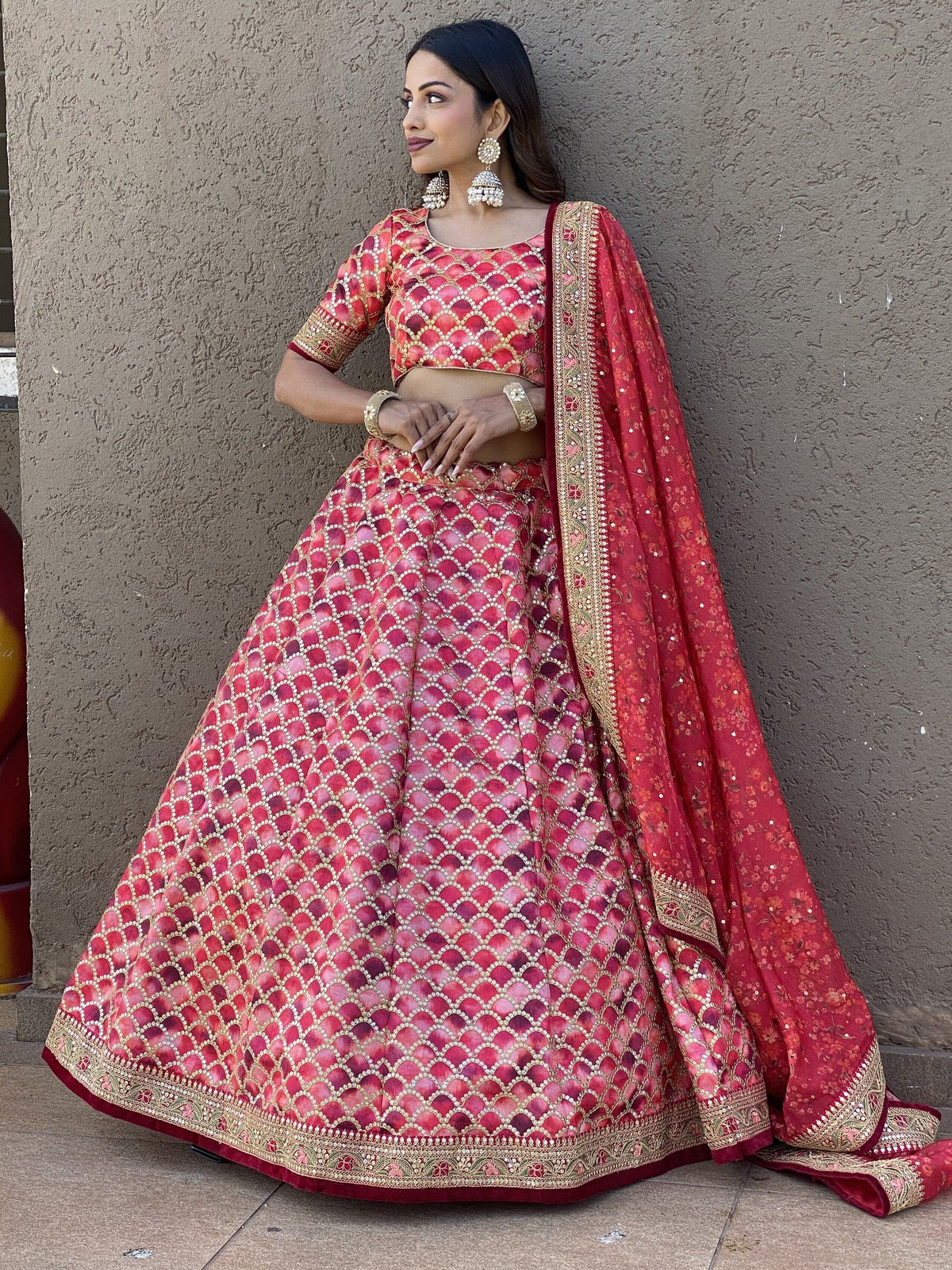 Art silk lehenga choli with sequins work and thread embroidery for wedding engagement