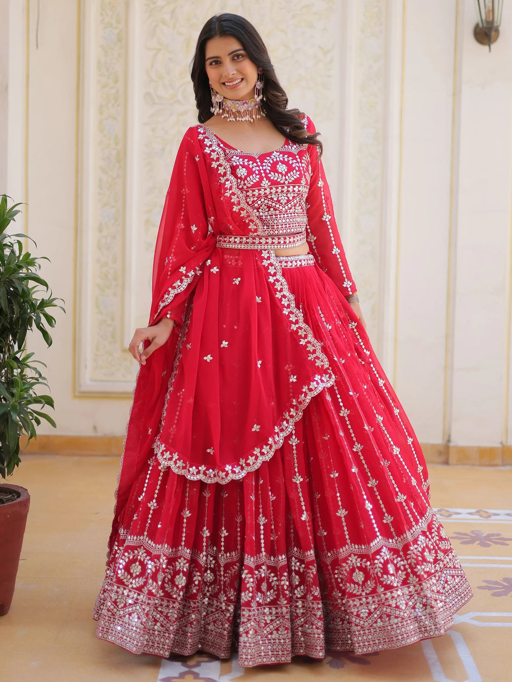 Pink Sophisticated Thread Embroidered Georgette Wedding Lehenga Choli for Women