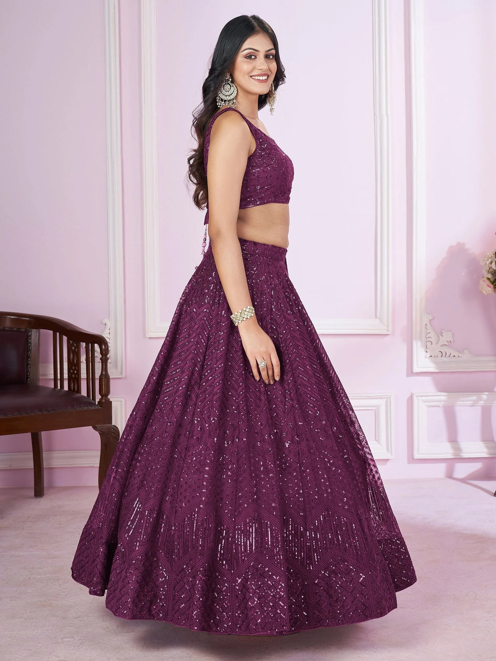 Purple Flawless Thread Embroidered Net Reception Lehenga Choli Indian Ethnic Wear